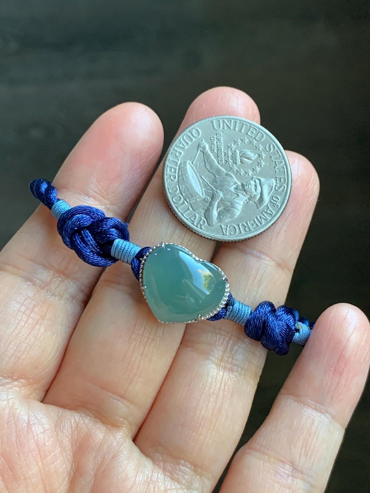 Natural Grade A Guatemalan Icy Highly Translucent Teal Blue Jadeite Heart Charm Rope Bracelet Sterling Silver 6” or 7" 天然冰危蓝翡翠爱心潘多拉手绳 PDH88