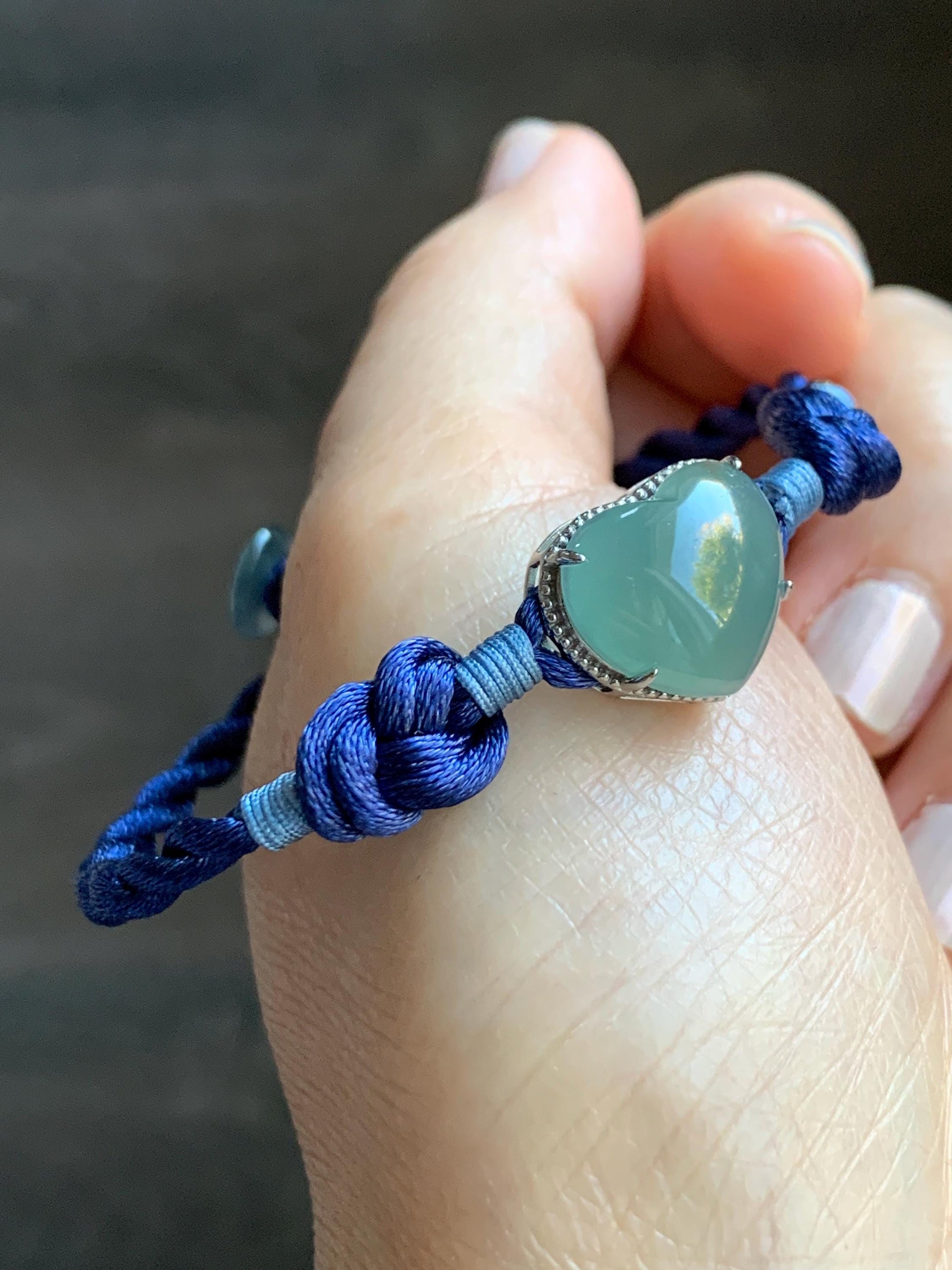Natural Grade A Guatemalan Icy Highly Translucent Teal Blue Jadeite Heart Charm Rope Bracelet Sterling Silver 6” or 7" 天然冰危蓝翡翠爱心潘多拉手绳 PDH88