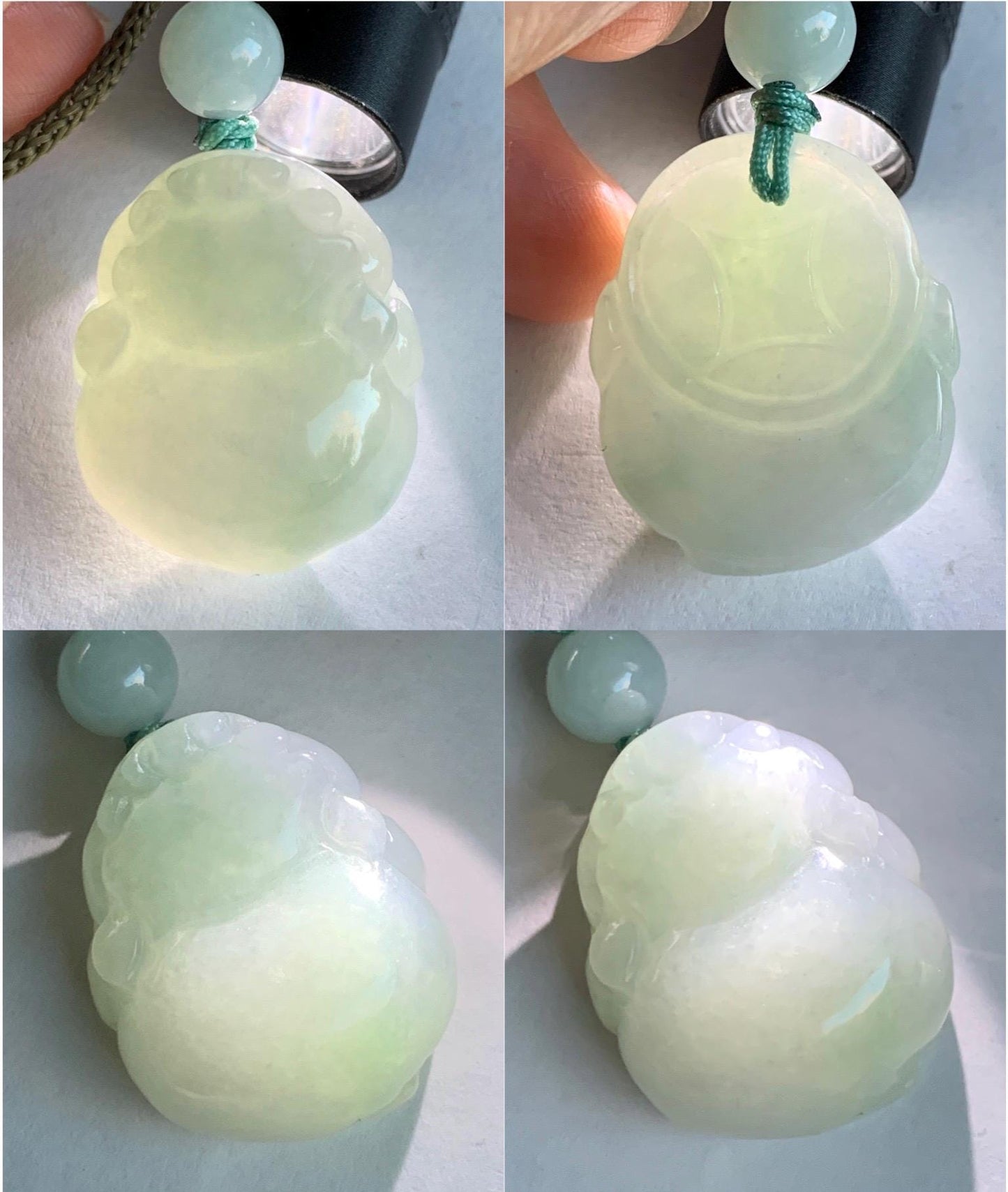 Natural Grade A Icy Translucent Paste Green Jade Jadeite Carved Three-legged Toad Pendant Rope Necklace 25.5” 17g 天然糯冰淡绿底翡翠肥三脚金蟾吊坠项链 SJC106