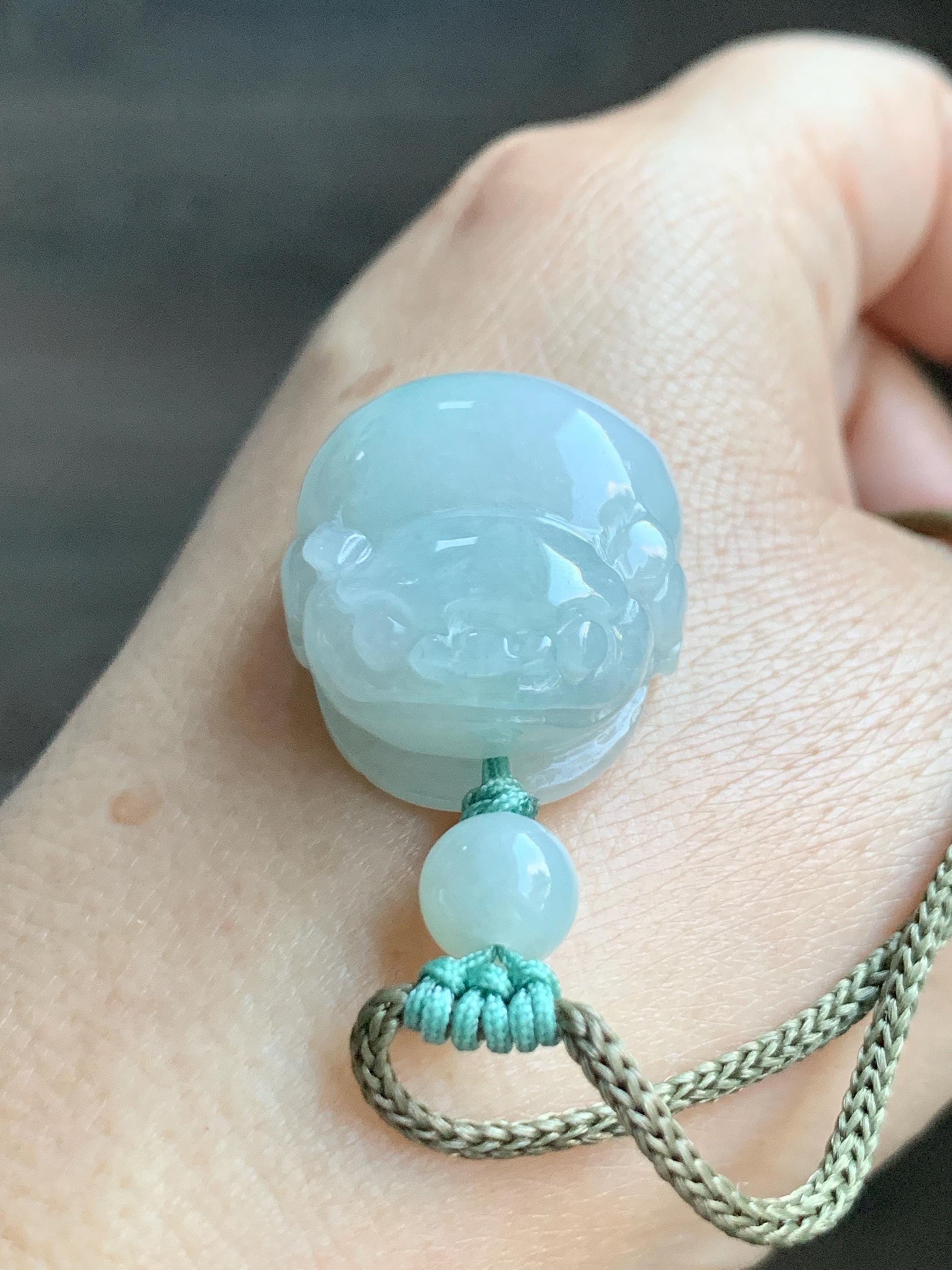 Natural Grade A Icy Translucent Paste Green Jade Jadeite Carved Three-legged Toad Pendant Rope Necklace 25.5” 17g 天然糯冰淡绿底翡翠肥三脚金蟾吊坠项链 SJC106