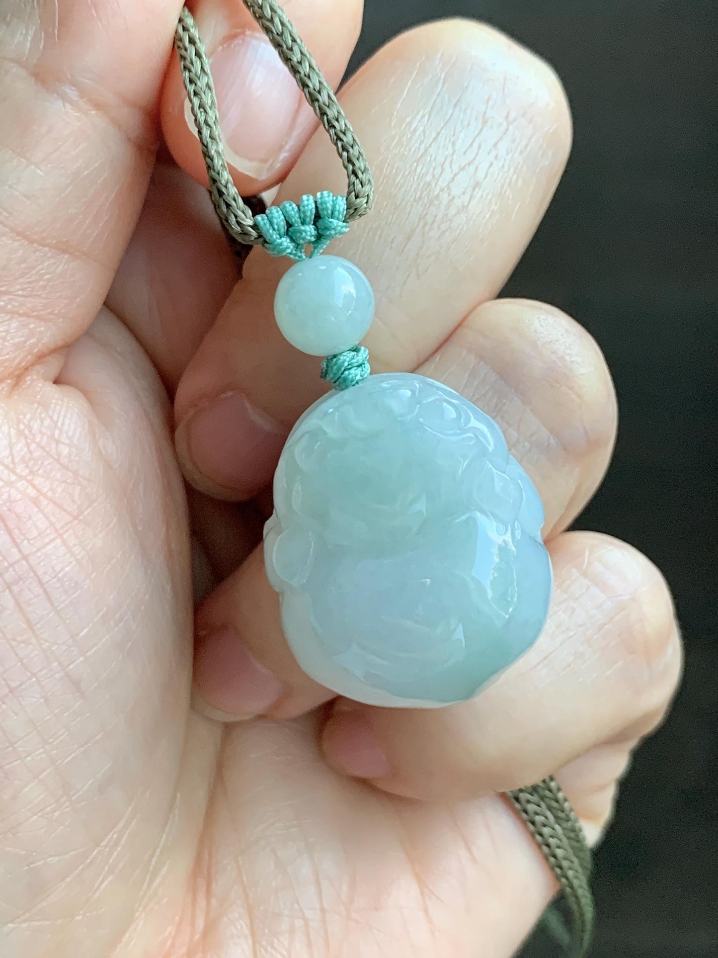 Natural Grade A Icy Translucent Paste Green Jade Jadeite Carved Three-legged Toad Pendant Rope Necklace 25.5” 17g 天然糯冰淡绿底翡翠肥三脚金蟾吊坠项链 SJC106