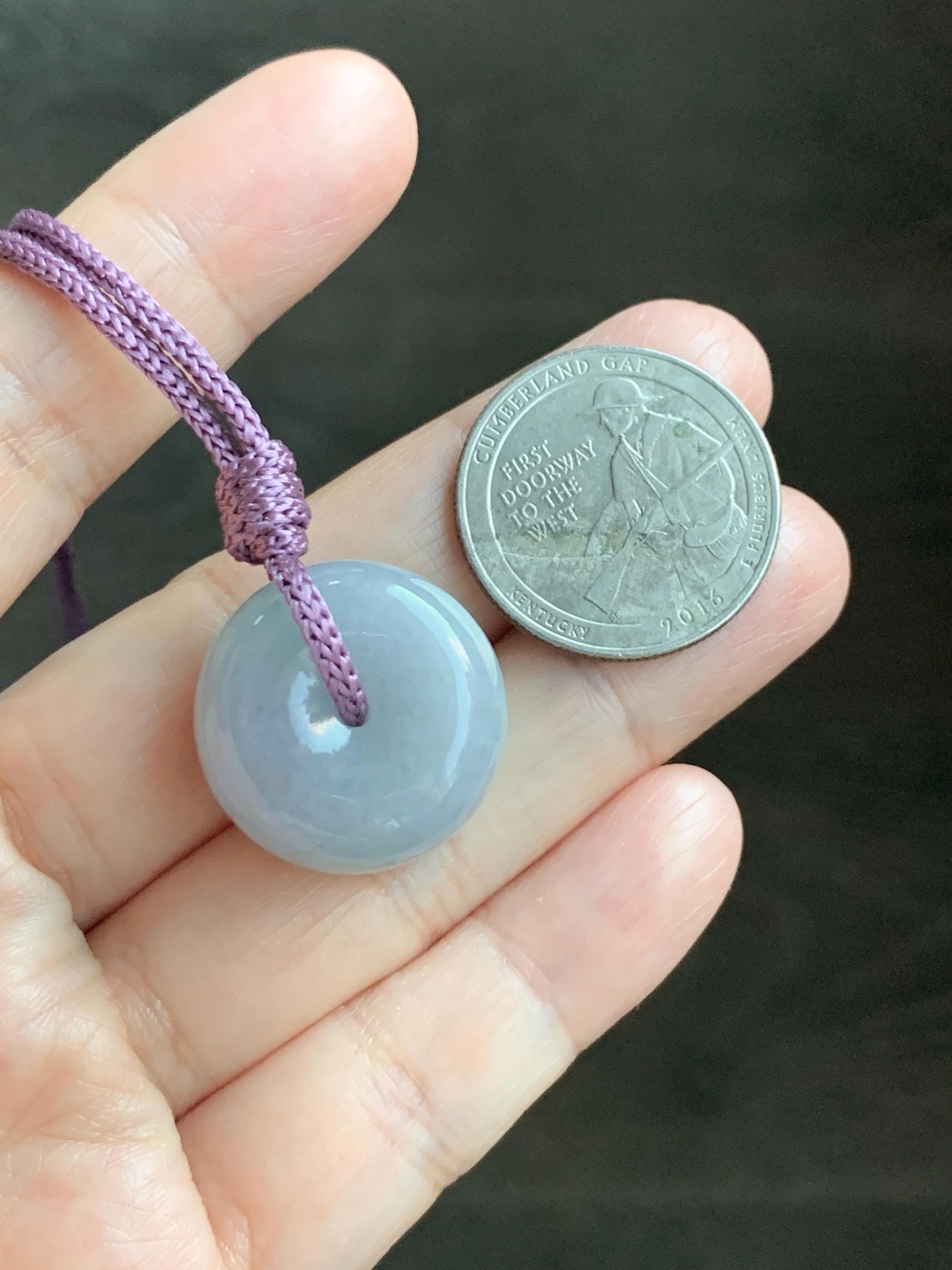 Natural Grade A Icy Translucent Dusty Bluish Purple Jade Jadeite Ping An Kou Thick Donut Pendant Rope Necklace 24.5” 天然糯冰蓝紫翡翠肥平安扣吊坠 MZK203B