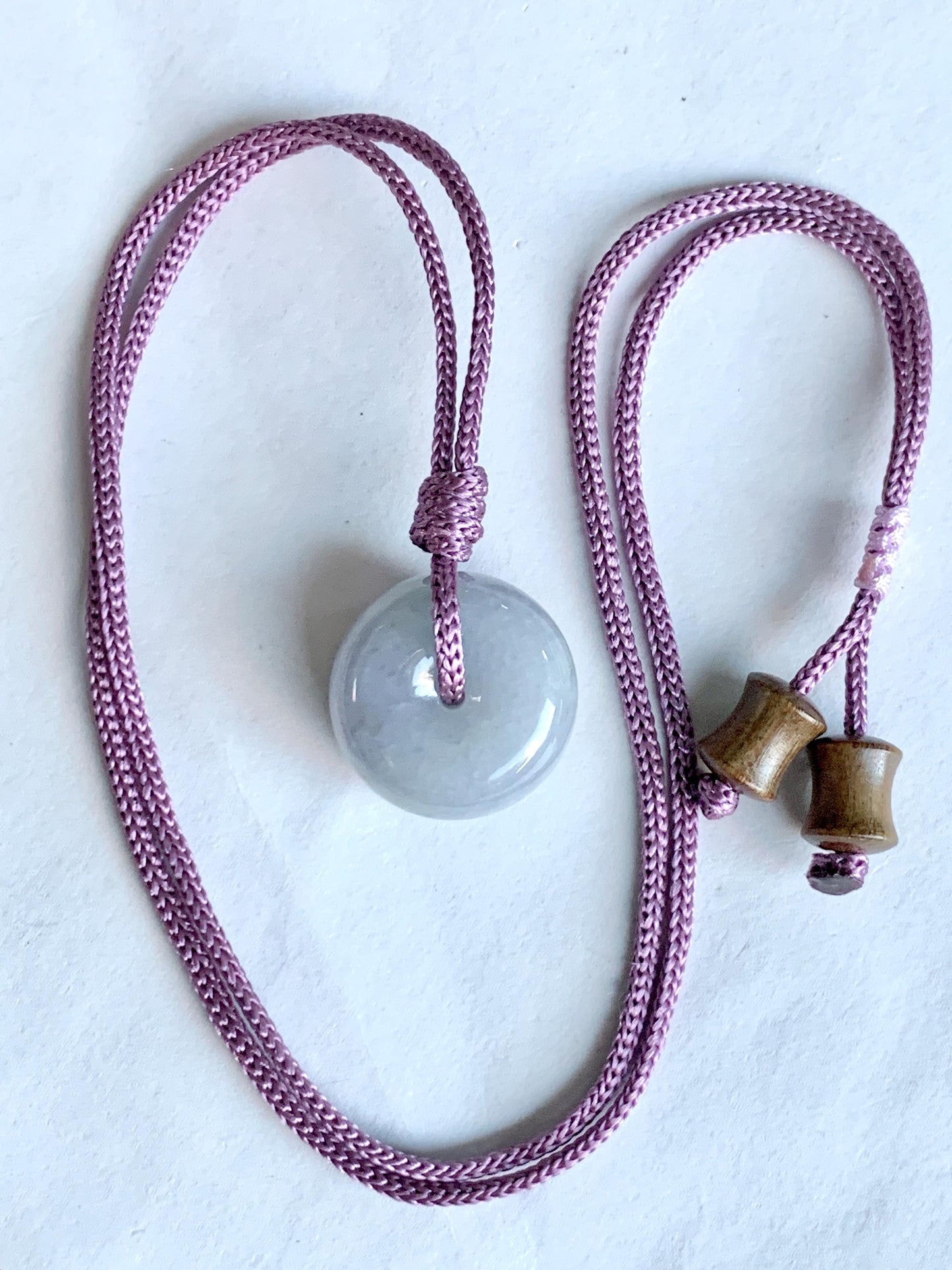 Natural Grade A Icy Translucent Dusty Bluish Purple Jade Jadeite Ping An Kou Thick Donut Pendant Rope Necklace 24.5” 天然糯冰蓝紫翡翠肥平安扣吊坠 MZK203B