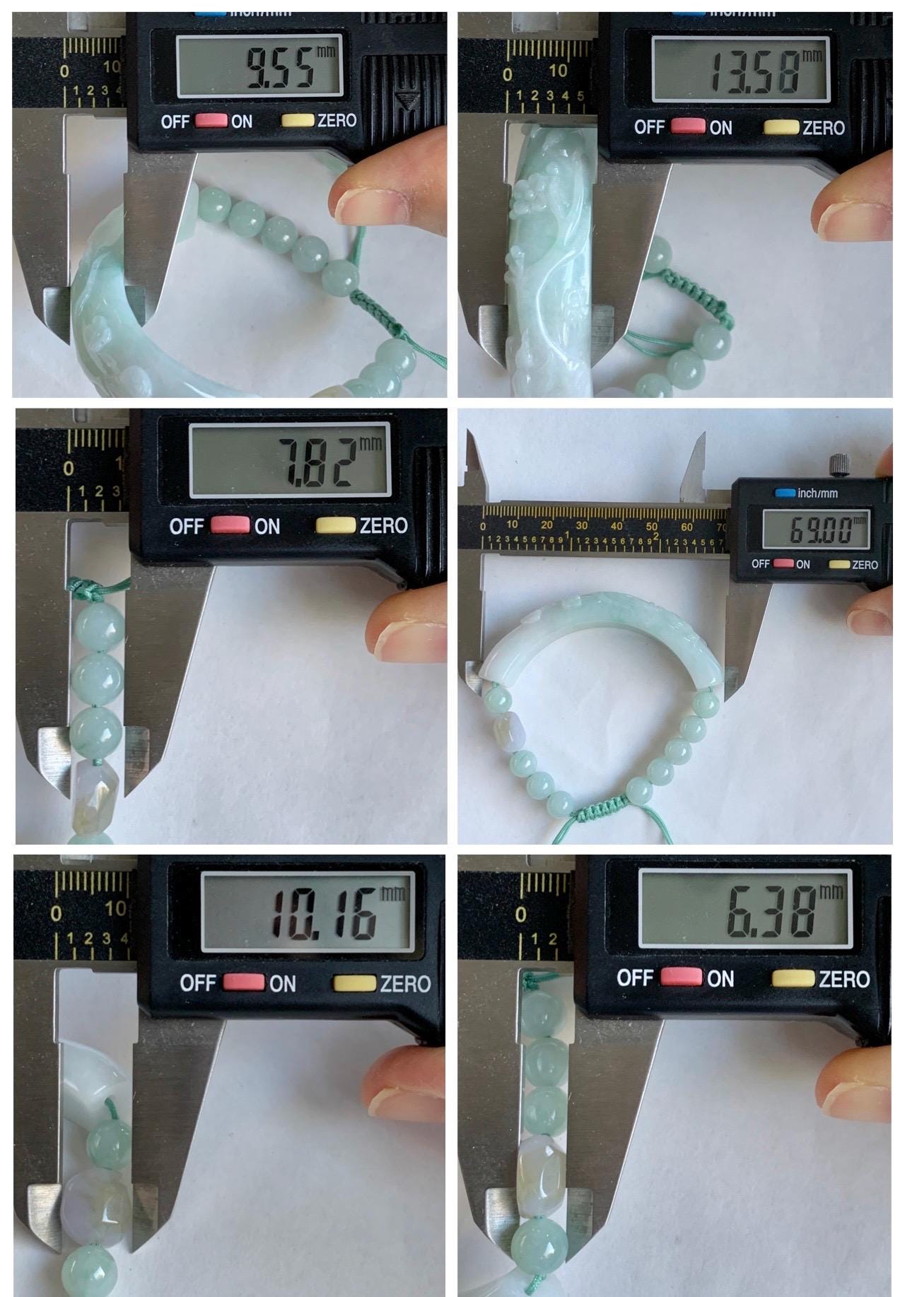 Certified Natural Grade A Icy Translucent Pastel Green Marbled Jade Jadeite Carved Cuff & Beads Beaded Bracelet 6.5” 天然晴底细糯翡翠喜上眉梢半镯圆珠手串 3275