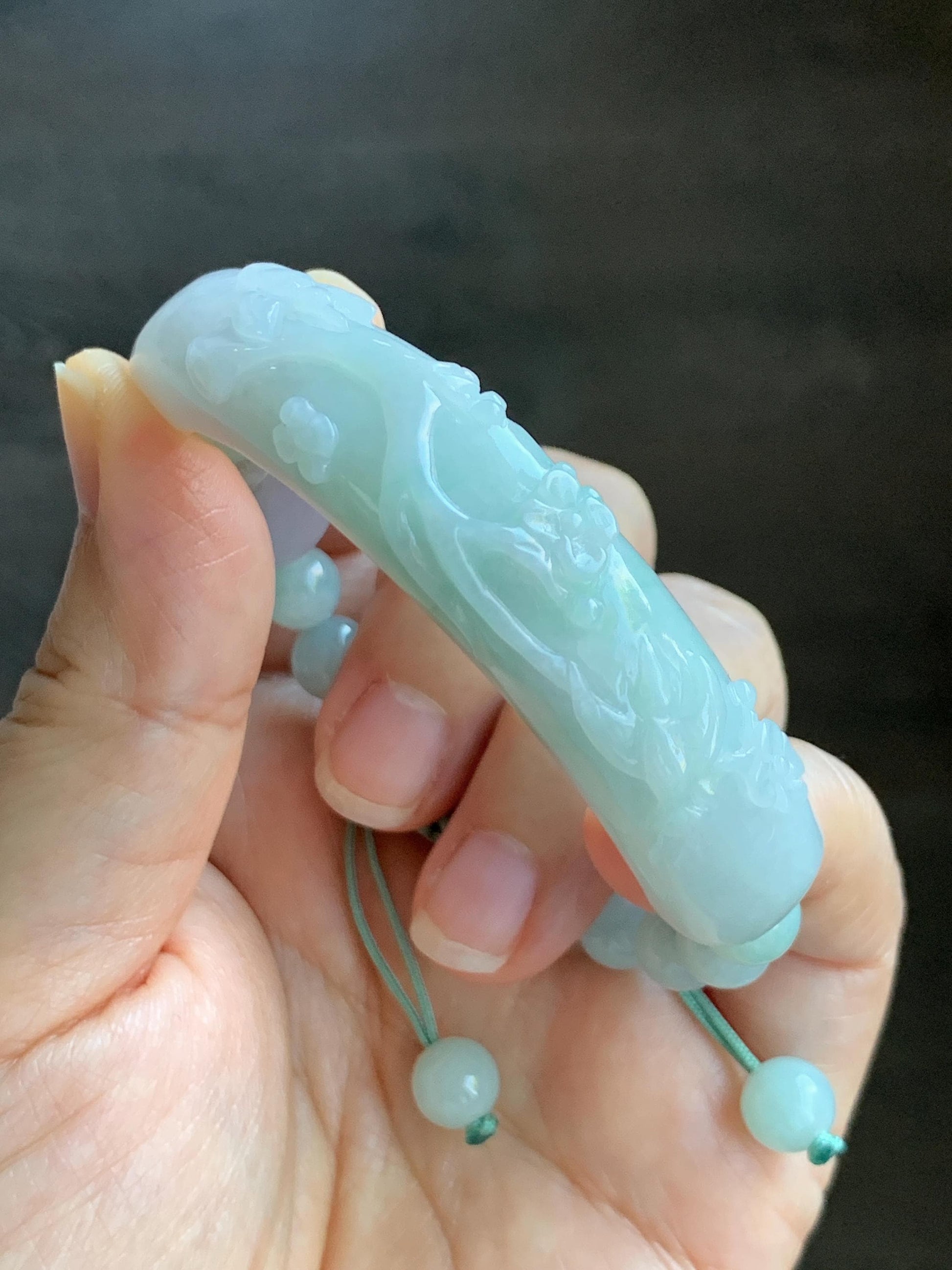 Certified Natural Grade A Icy Translucent Pastel Green Marbled Jade Jadeite Carved Cuff & Beads Beaded Bracelet 6.5” 天然晴底细糯翡翠喜上眉梢半镯圆珠手串 3275