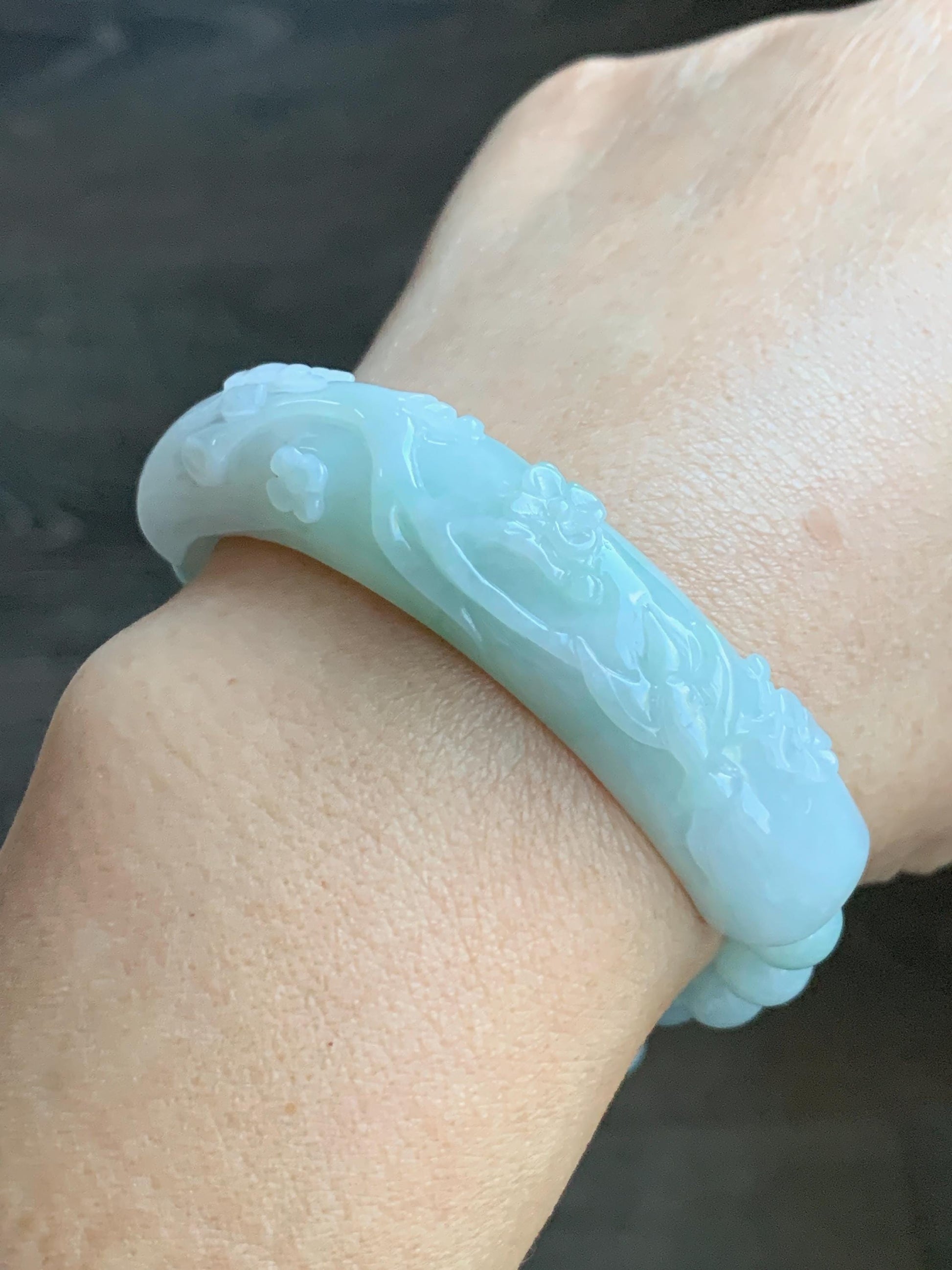 Certified Natural Grade A Icy Translucent Pastel Green Marbled Jade Jadeite Carved Cuff & Beads Beaded Bracelet 6.5” 天然晴底细糯翡翠喜上眉梢半镯圆珠手串 3275