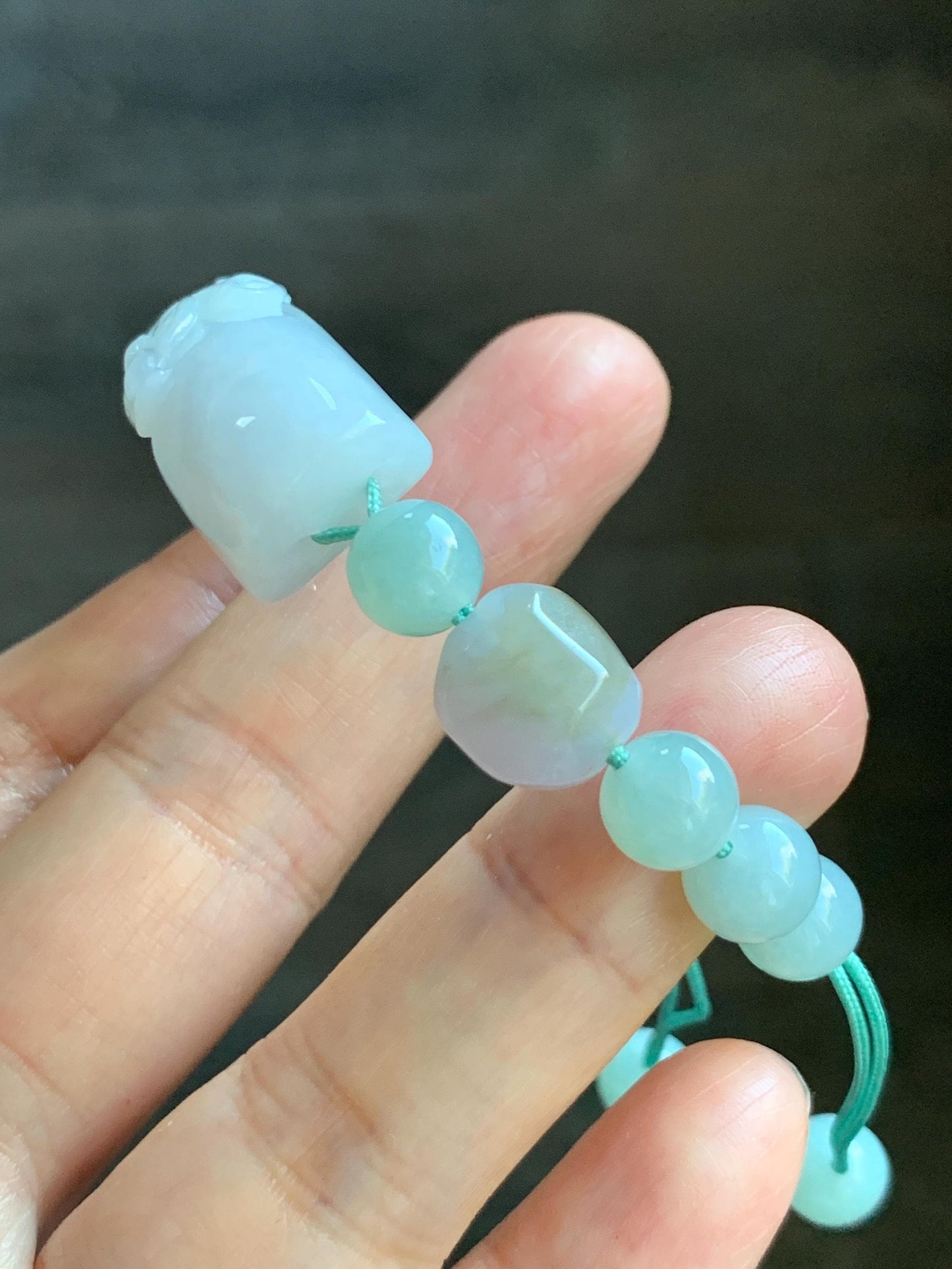 Certified Natural Grade A Icy Translucent Pastel Green Marbled Jade Jadeite Carved Cuff & Beads Beaded Bracelet 6.5” 天然晴底细糯翡翠喜上眉梢半镯圆珠手串 3275