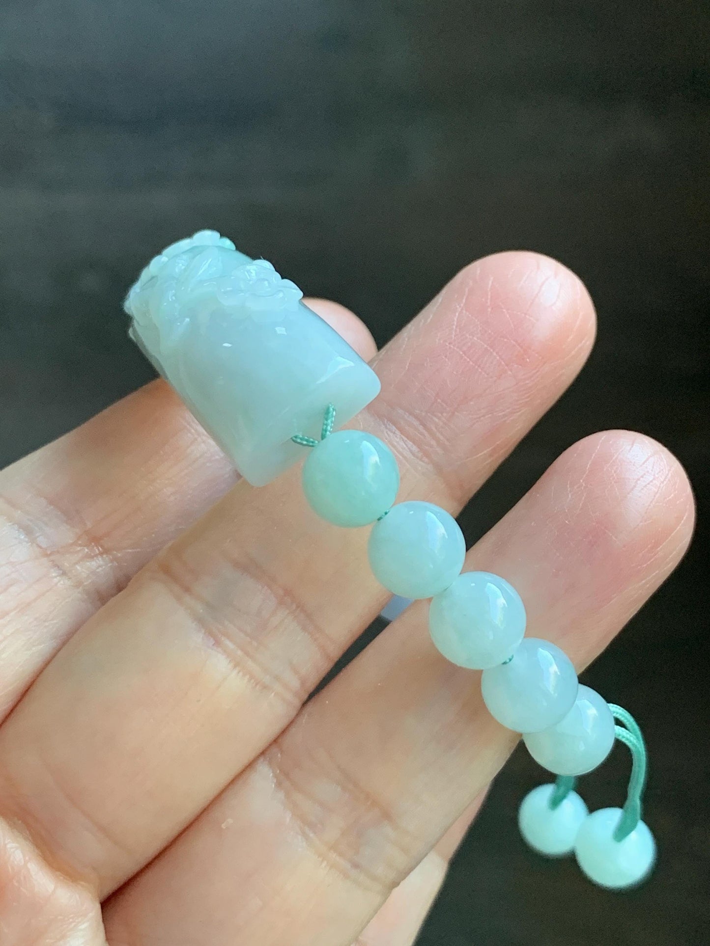 Certified Natural Grade A Icy Translucent Pastel Green Marbled Jade Jadeite Carved Cuff & Beads Beaded Bracelet 6.5” 天然晴底细糯翡翠喜上眉梢半镯圆珠手串 3275