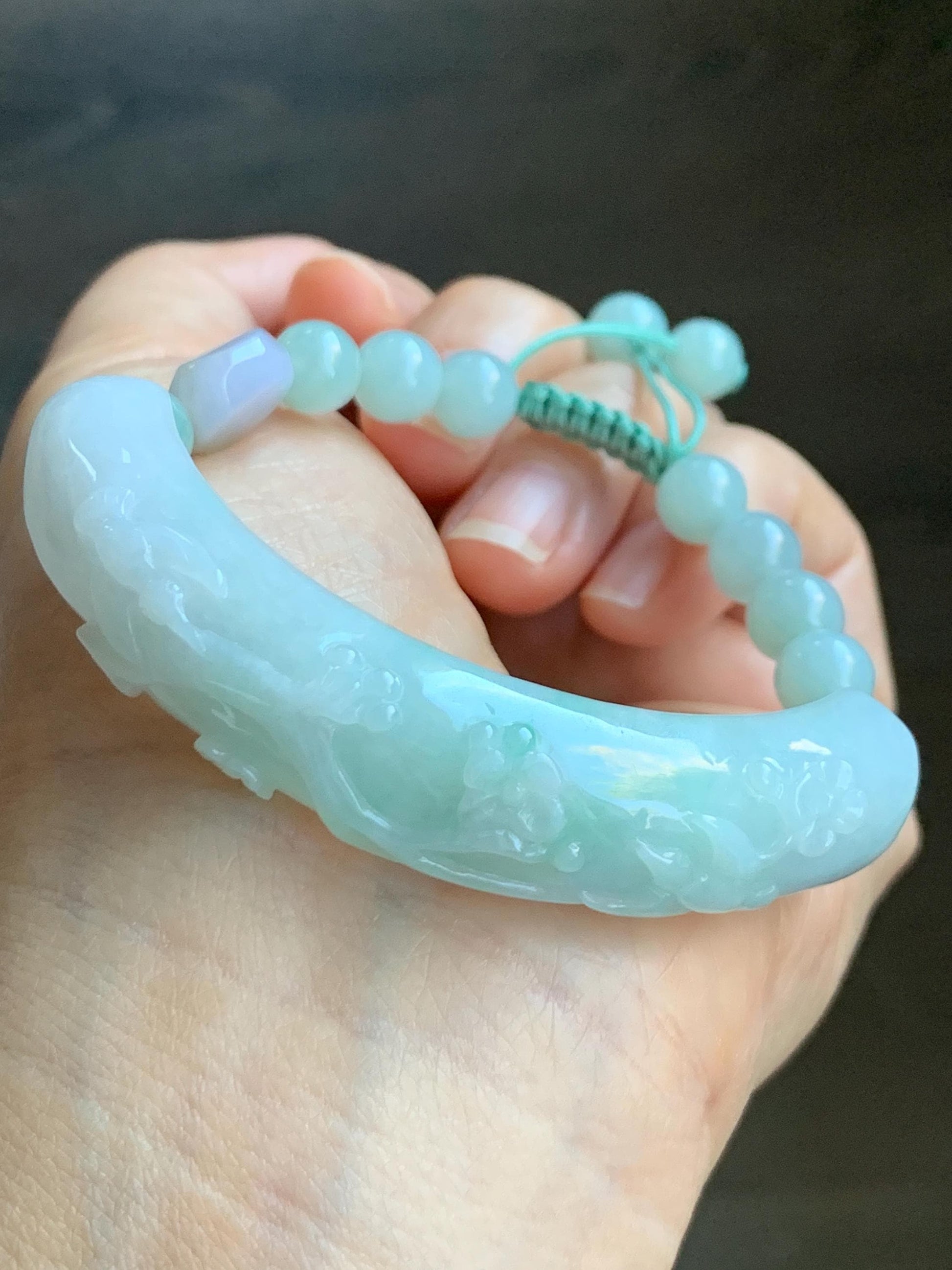 Certified Natural Grade A Icy Translucent Pastel Green Marbled Jade Jadeite Carved Cuff & Beads Beaded Bracelet 6.5” 天然晴底细糯翡翠喜上眉梢半镯圆珠手串 3275