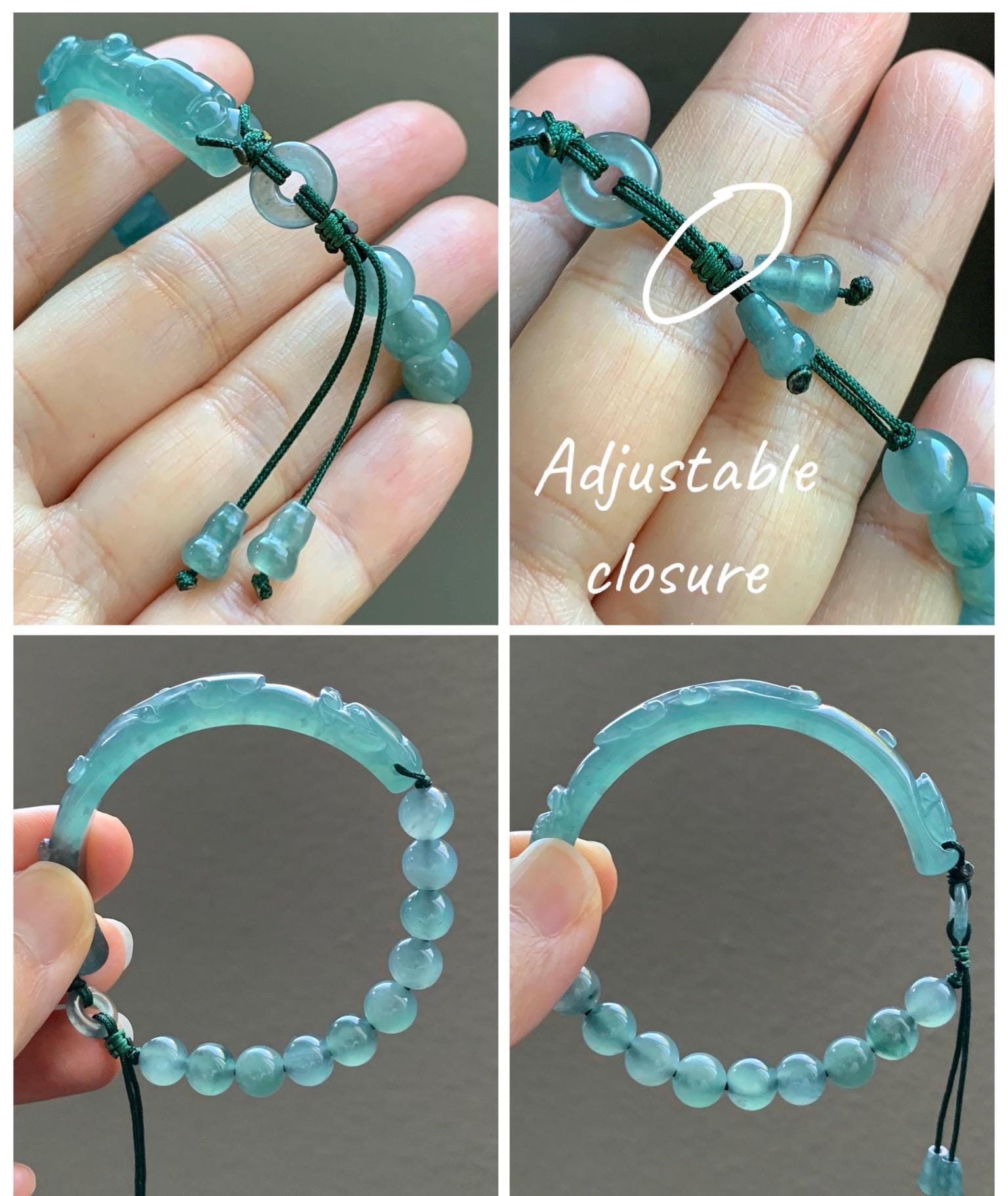 Natural Grade A Guatemalan Icy Highly Translucent Teal Blue Jade Jadeite Dragon Hook Cuff Beaded Bracelet 6.75" 19g 天然高冰危蓝龙钩手牌手串 GLG350S