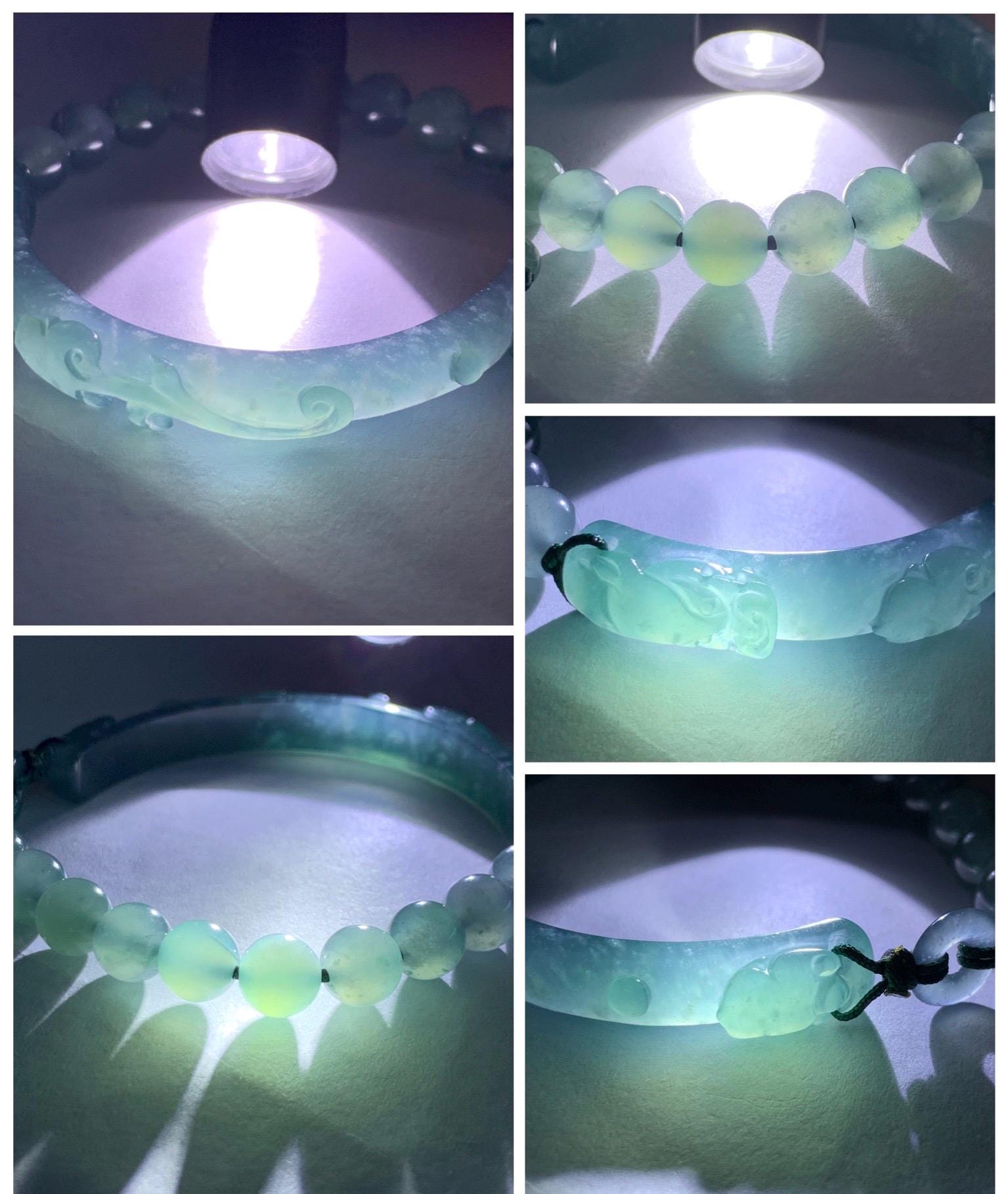 Natural Grade A Guatemalan Icy Highly Translucent Teal Blue Jade Jadeite Dragon Hook Cuff Beaded Bracelet 6.75" 19g 天然高冰危蓝龙钩手牌手串 GLG350S
