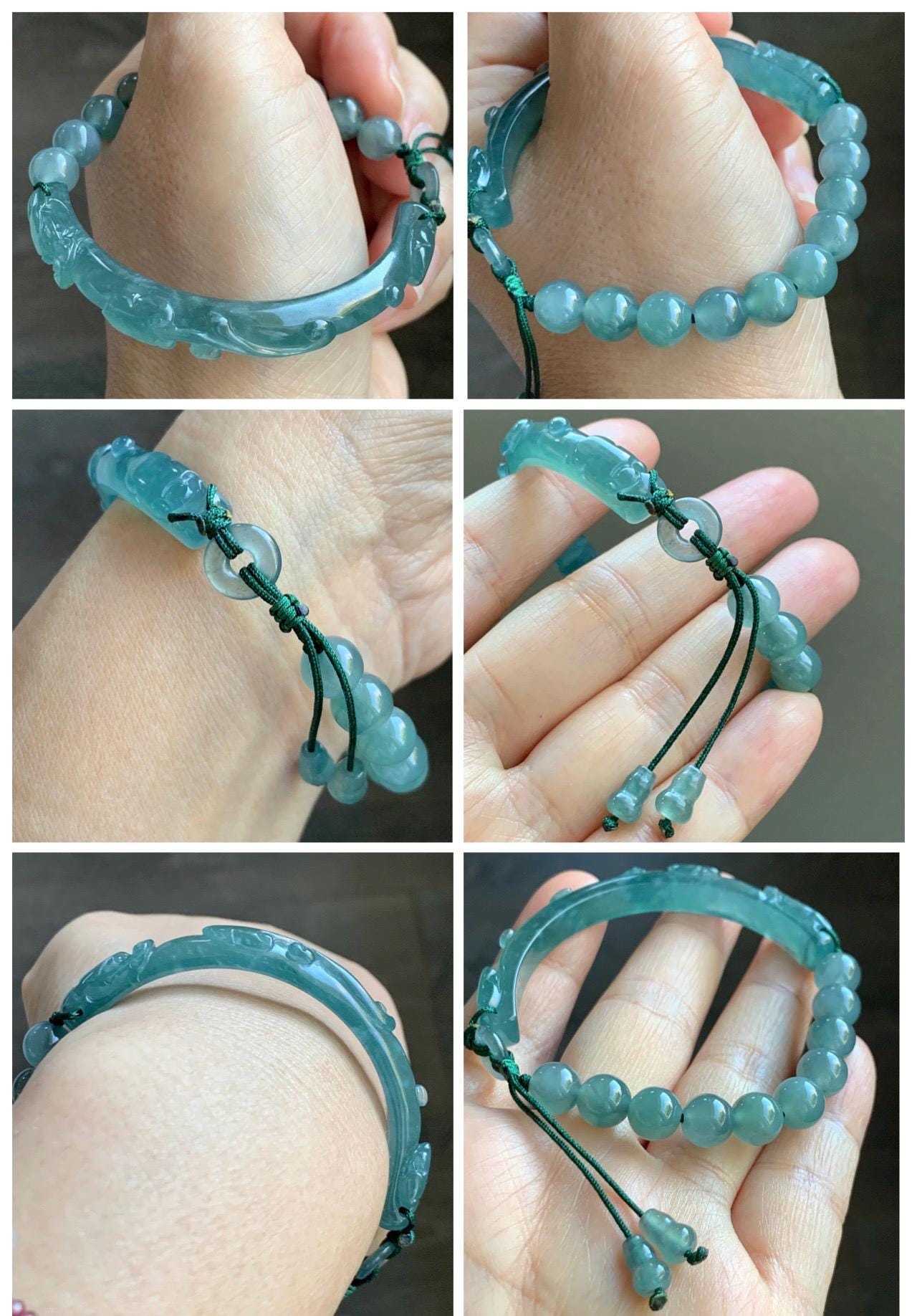 Natural Grade A Guatemalan Icy Highly Translucent Teal Blue Jade Jadeite Dragon Hook Cuff Beaded Bracelet 6.75" 19g 天然高冰危蓝龙钩手牌手串 GLG350S