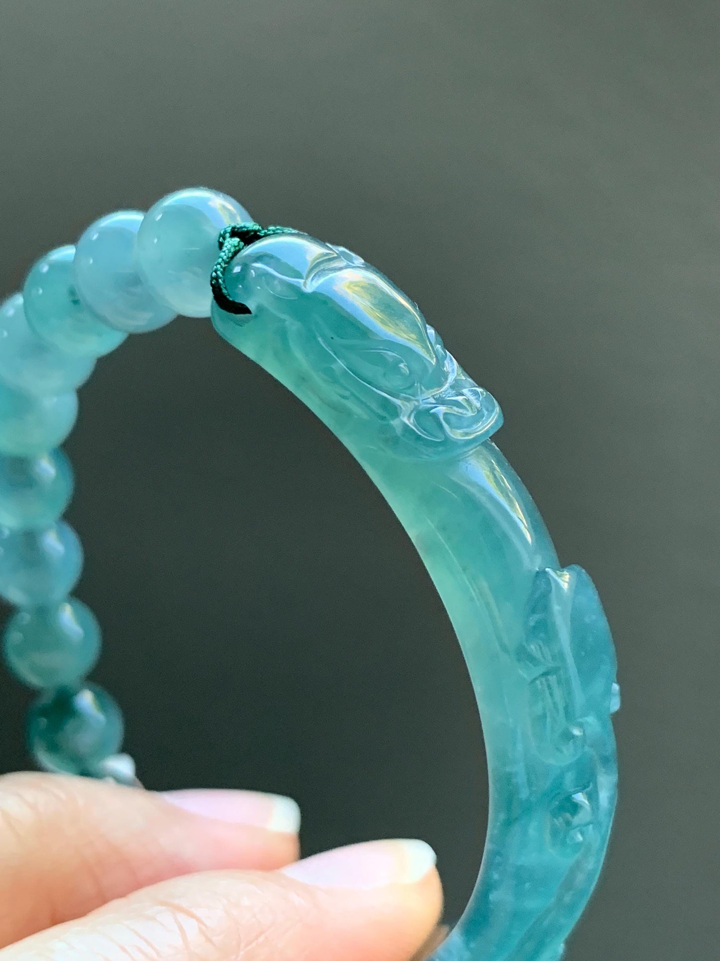 Natural Grade A Guatemalan Icy Highly Translucent Teal Blue Jade Jadeite Dragon Hook Cuff Beaded Bracelet 6.75" 19g 天然高冰危蓝龙钩手牌手串 GLG350S