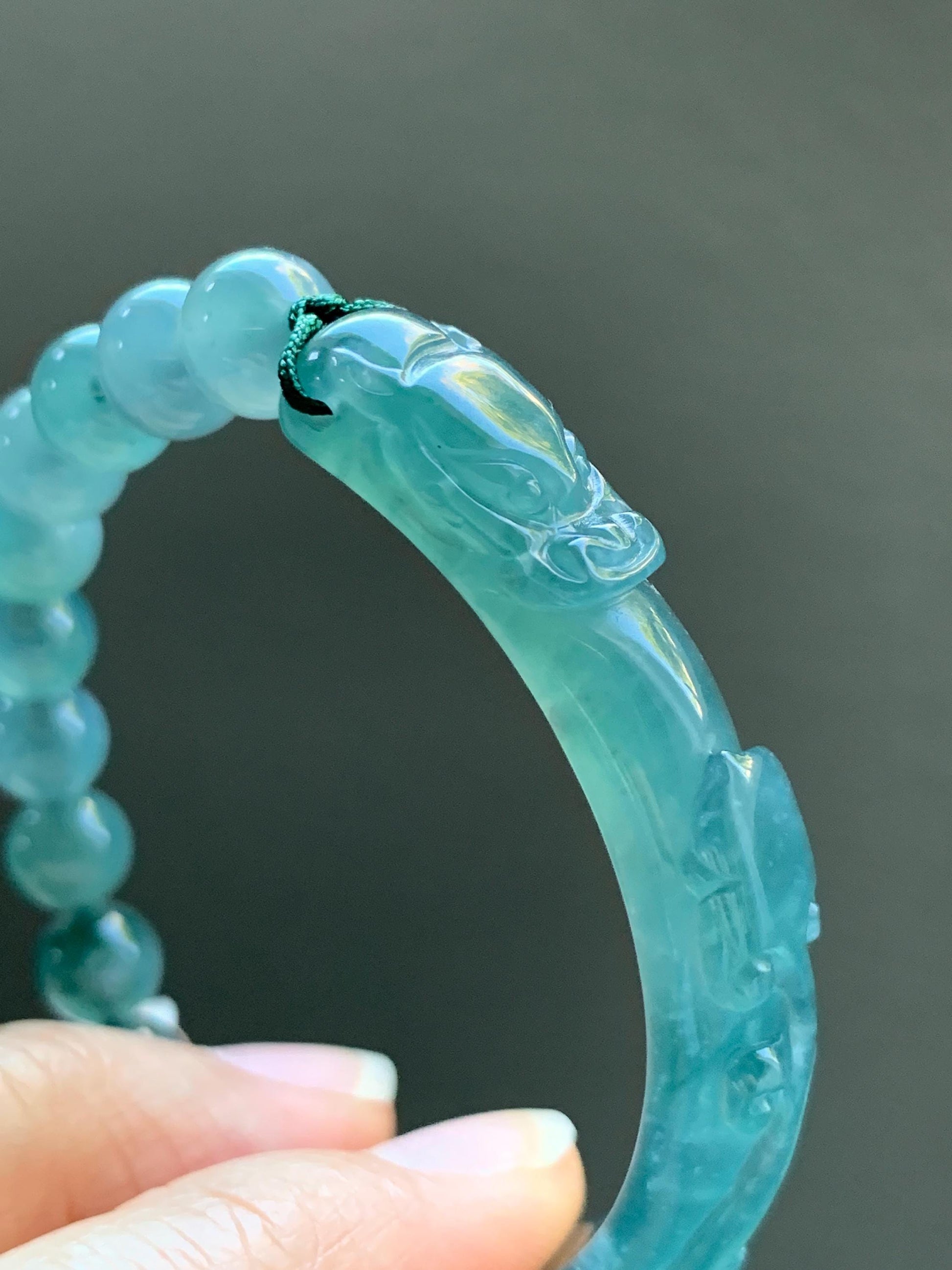 Natural Grade A Guatemalan Icy Highly Translucent Teal Blue Jade Jadeite Dragon Hook Cuff Beaded Bracelet 6.75" 19g 天然高冰危蓝龙钩手牌手串 GLG350S