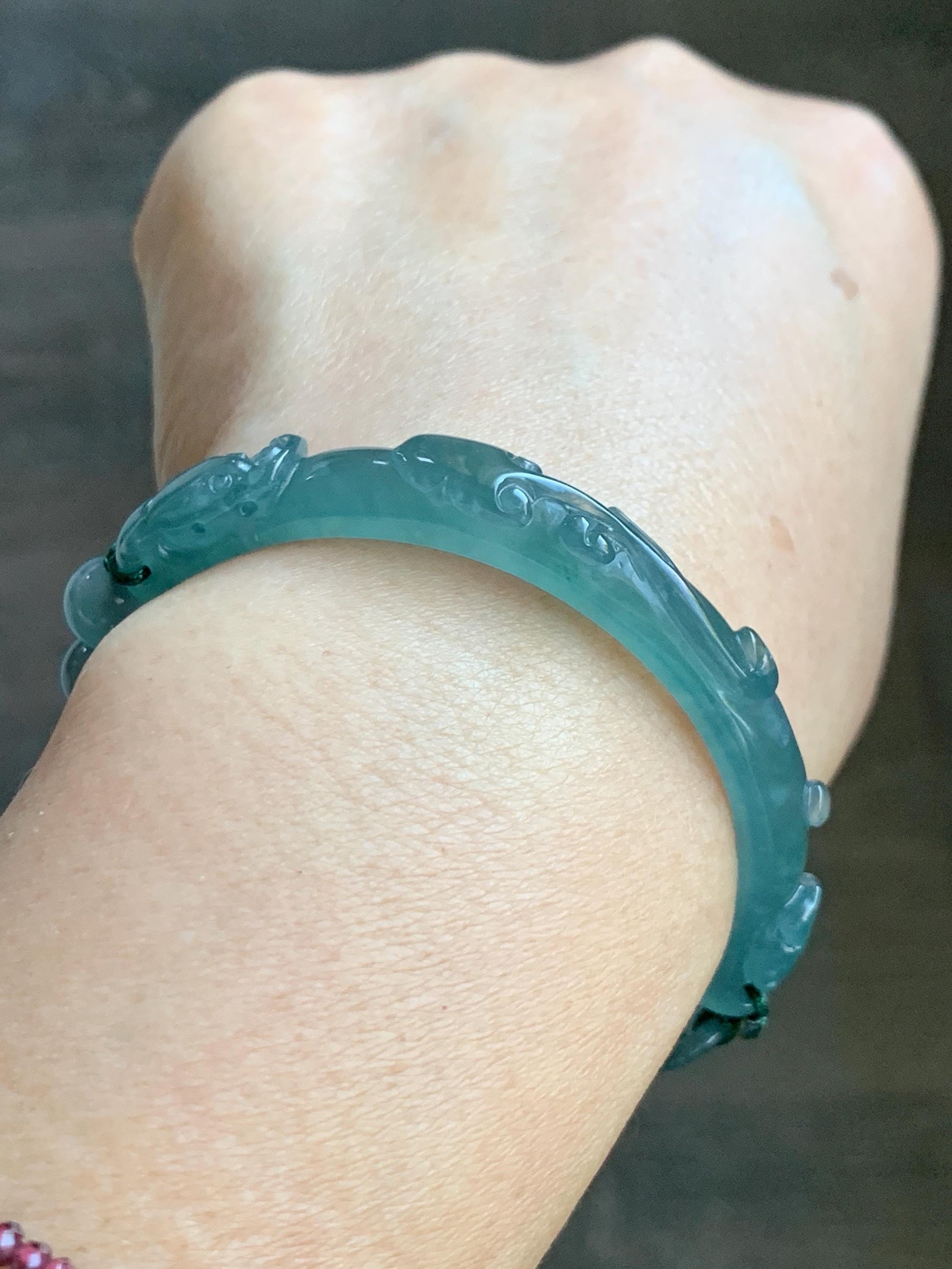 Natural Grade A Guatemalan Icy Highly Translucent Teal Blue Jade Jadeite Dragon Hook Cuff Beaded Bracelet 6.75" 19g 天然高冰危蓝龙钩手牌手串 GLG350S