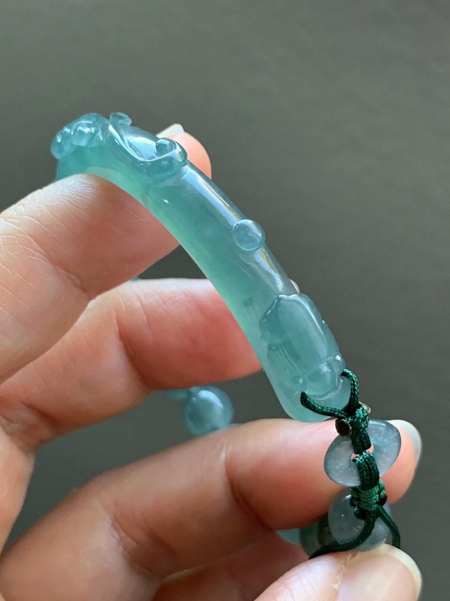 Natural Grade A Guatemalan Icy Highly Translucent Teal Blue Jade Jadeite Dragon Hook Cuff Beaded Bracelet 6.75" 19g 天然高冰危蓝龙钩手牌手串 GLG350S
