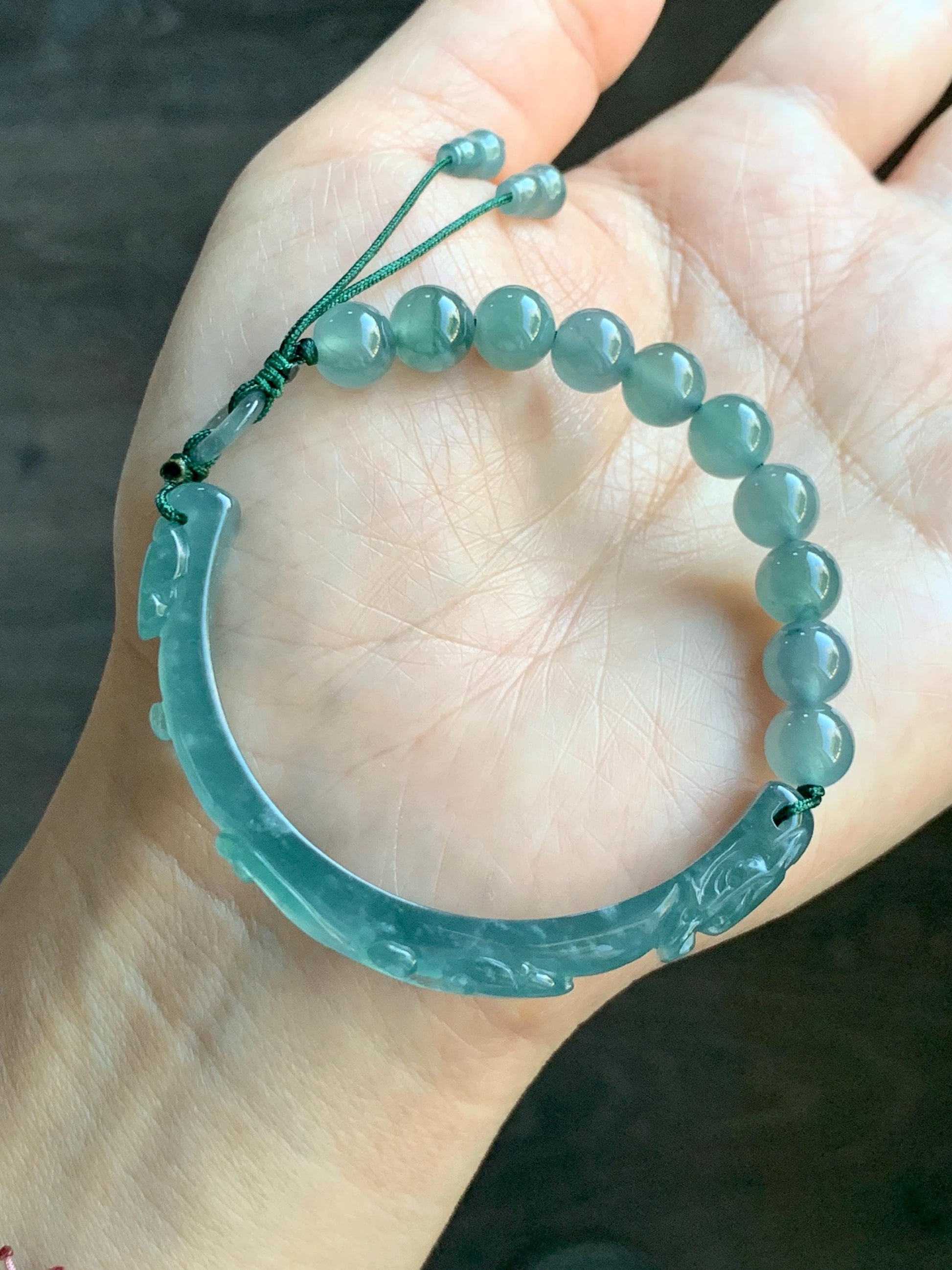 Natural Grade A Guatemalan Icy Highly Translucent Teal Blue Jade Jadeite Dragon Hook Cuff Beaded Bracelet 6.75" 19g 天然高冰危蓝龙钩手牌手串 GLG350S