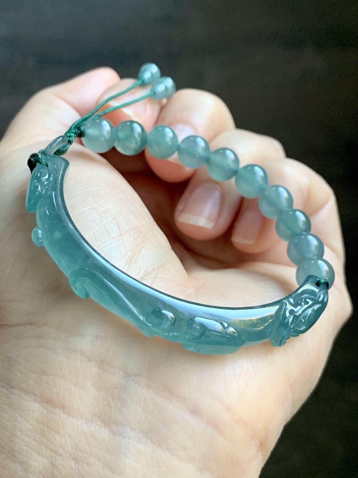 Natural Grade A Guatemalan Icy Highly Translucent Teal Blue Jade Jadeite Dragon Hook Cuff Beaded Bracelet 6.75" 19g 天然高冰危蓝龙钩手牌手串 GLG350S
