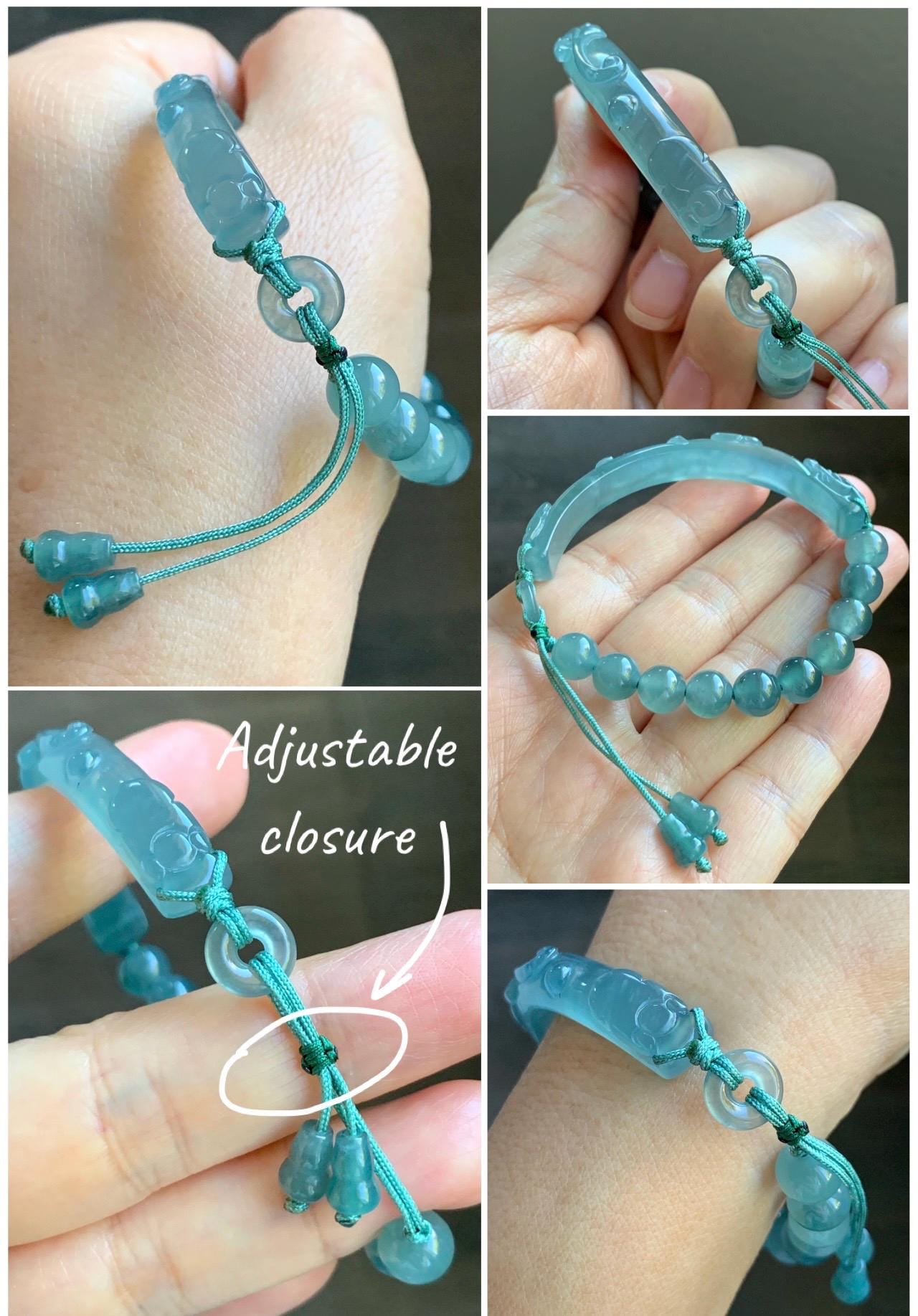 Natural Grade A Guatemalan Icy Highly Translucent Light Teal Jade Jadeite Dragon Hook Cuff Beaded Bracelet 6.75" 19g 天然高冰危浅蓝龙钩手牌手串 GLG350Q