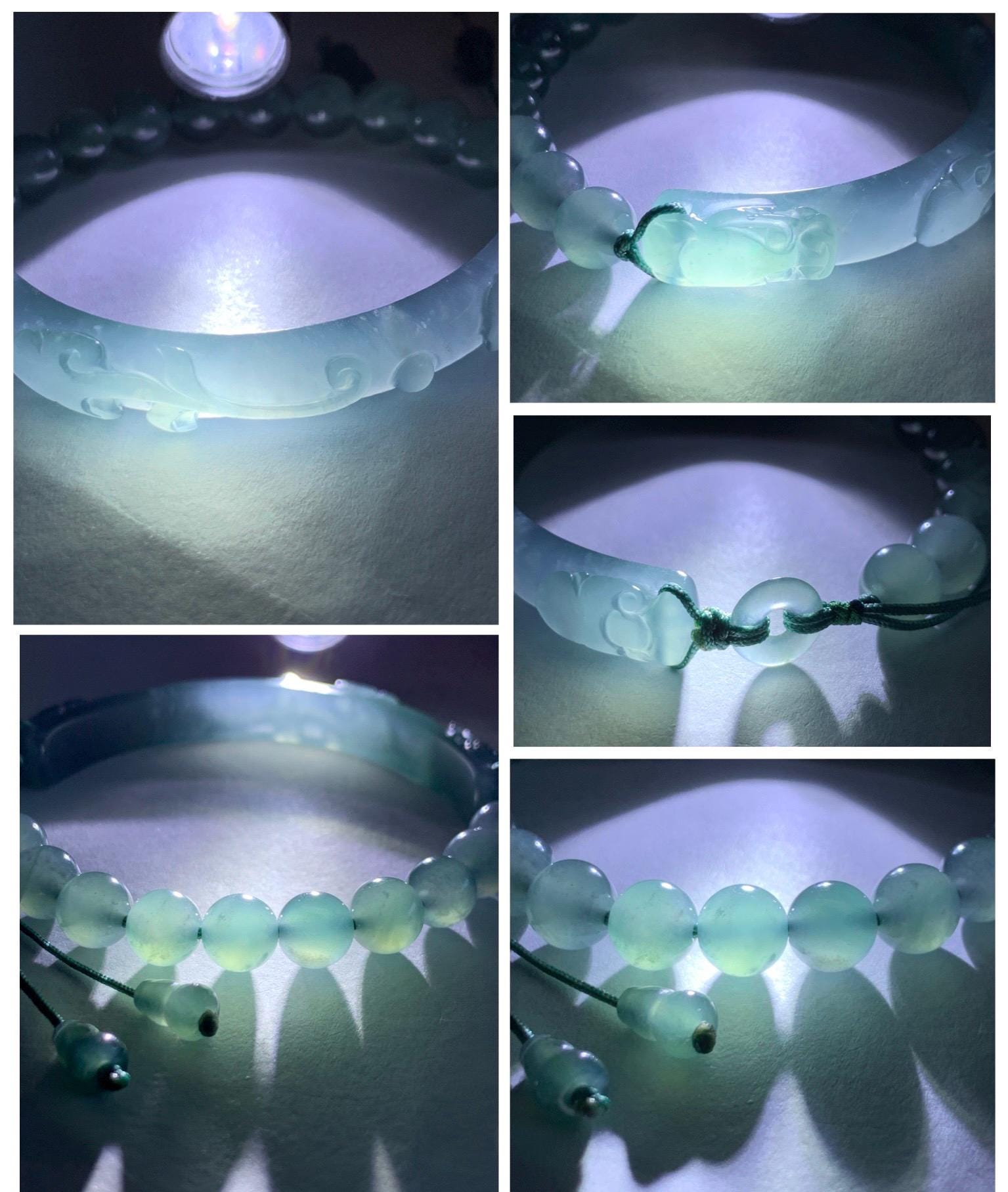 Natural Grade A Guatemalan Icy Highly Translucent Light Teal Jade Jadeite Dragon Hook Cuff Beaded Bracelet 6.75" 19g 天然高冰危浅蓝龙钩手牌手串 GLG350Q