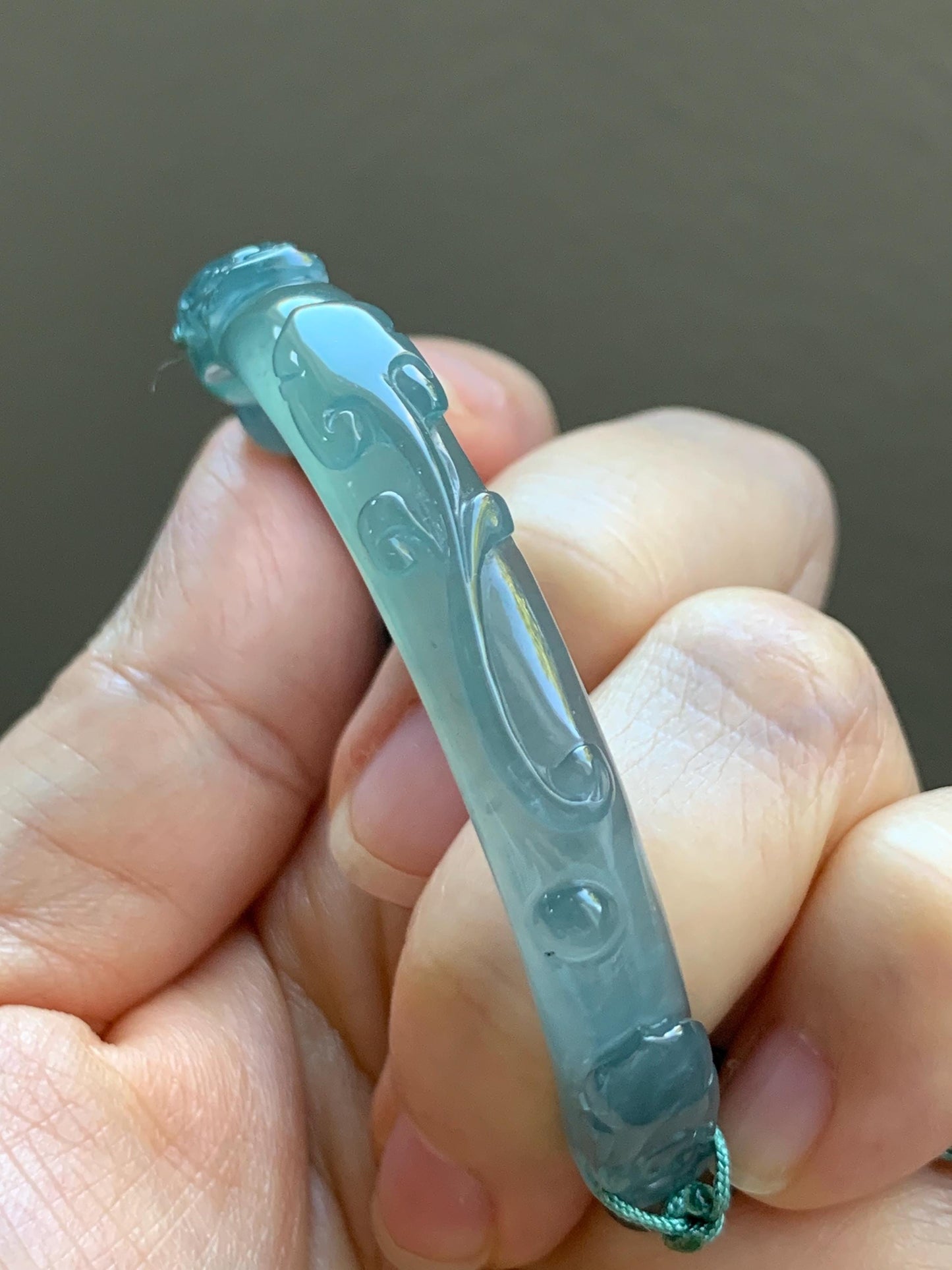 Natural Grade A Guatemalan Icy Highly Translucent Light Teal Jade Jadeite Dragon Hook Cuff Beaded Bracelet 6.75" 19g 天然高冰危浅蓝龙钩手牌手串 GLG350Q