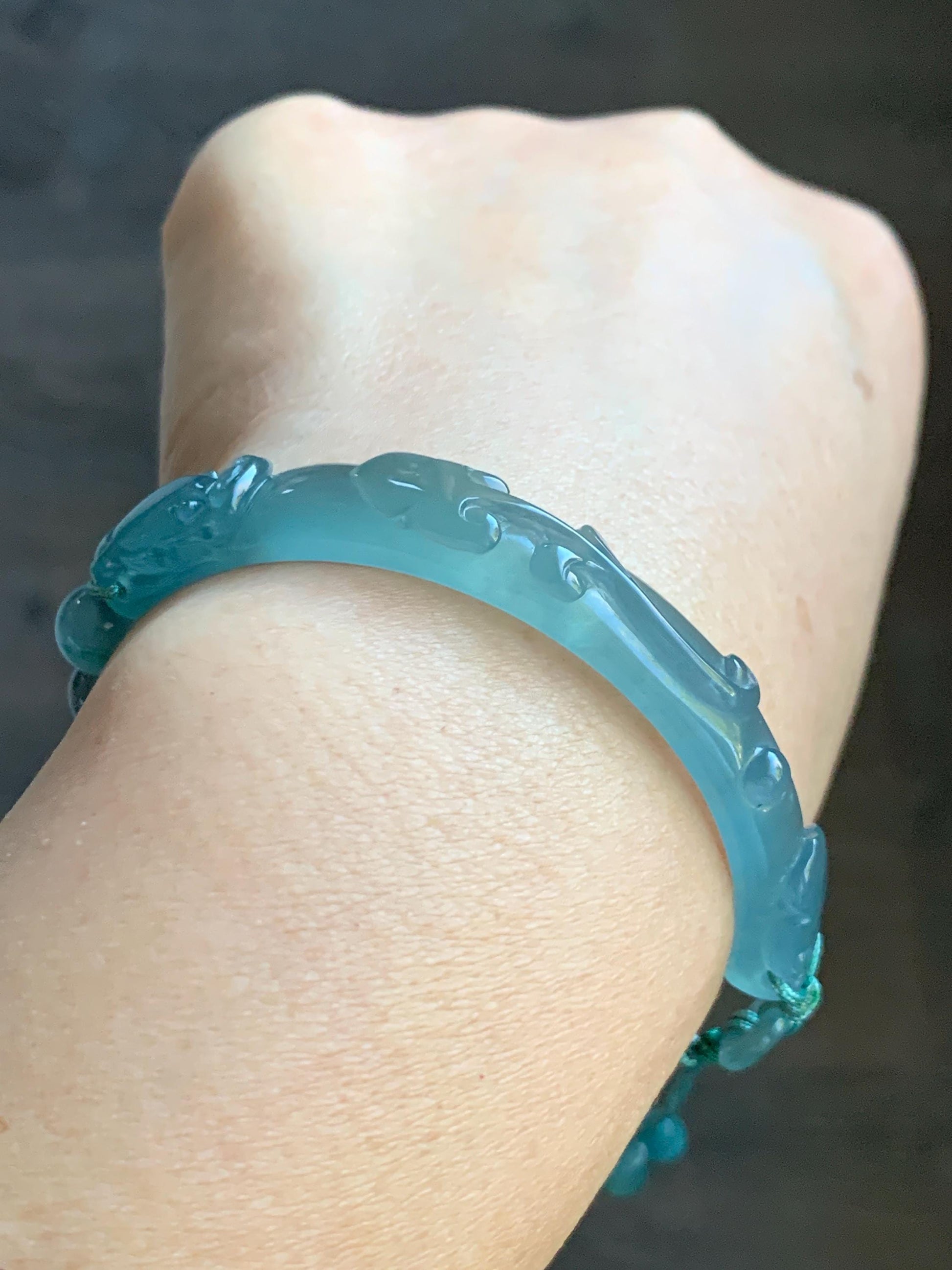 Natural Grade A Guatemalan Icy Highly Translucent Light Teal Jade Jadeite Dragon Hook Cuff Beaded Bracelet 6.75" 19g 天然高冰危浅蓝龙钩手牌手串 GLG350Q