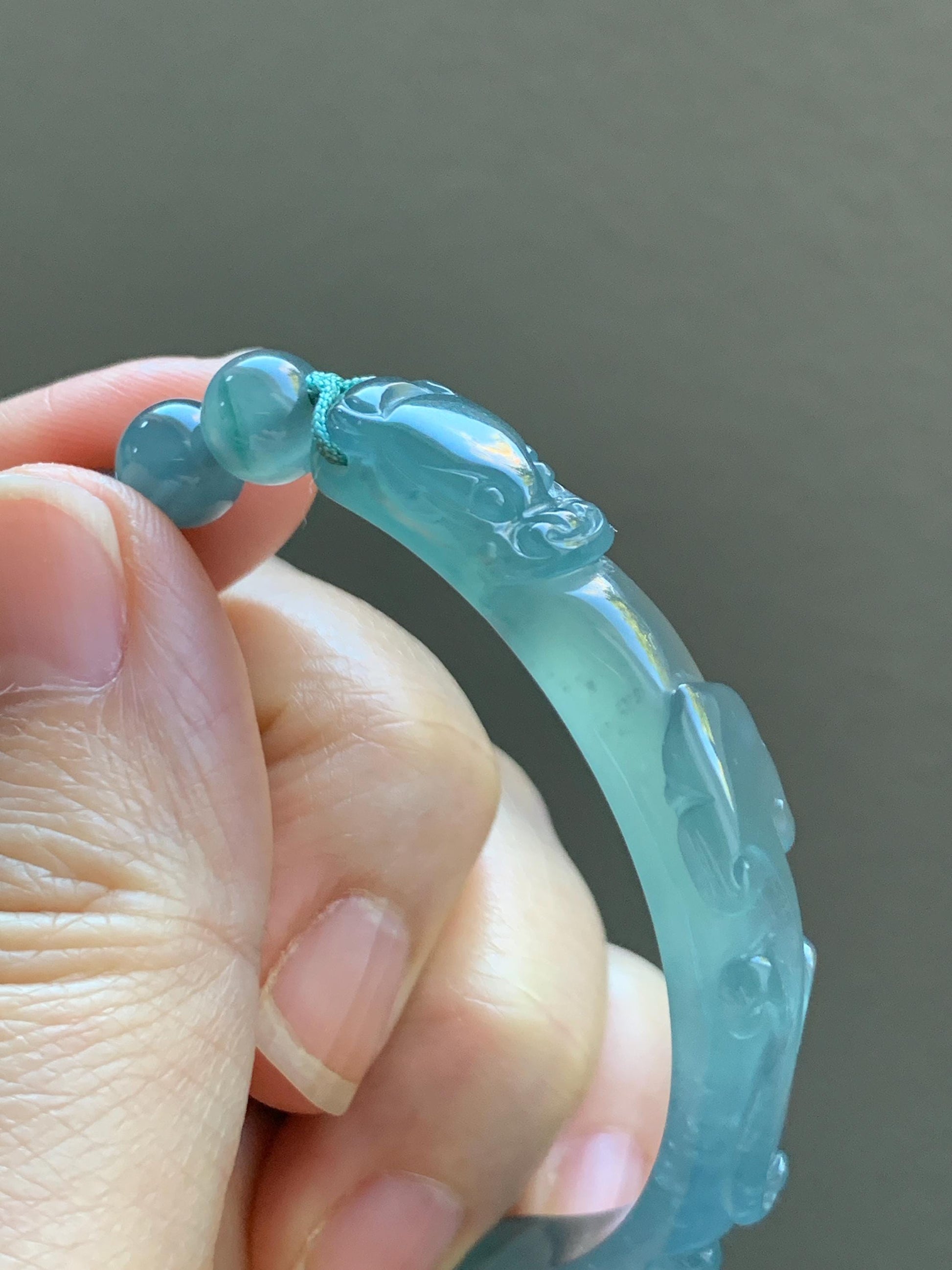 Natural Grade A Guatemalan Icy Highly Translucent Light Teal Jade Jadeite Dragon Hook Cuff Beaded Bracelet 6.75" 19g 天然高冰危浅蓝龙钩手牌手串 GLG350Q