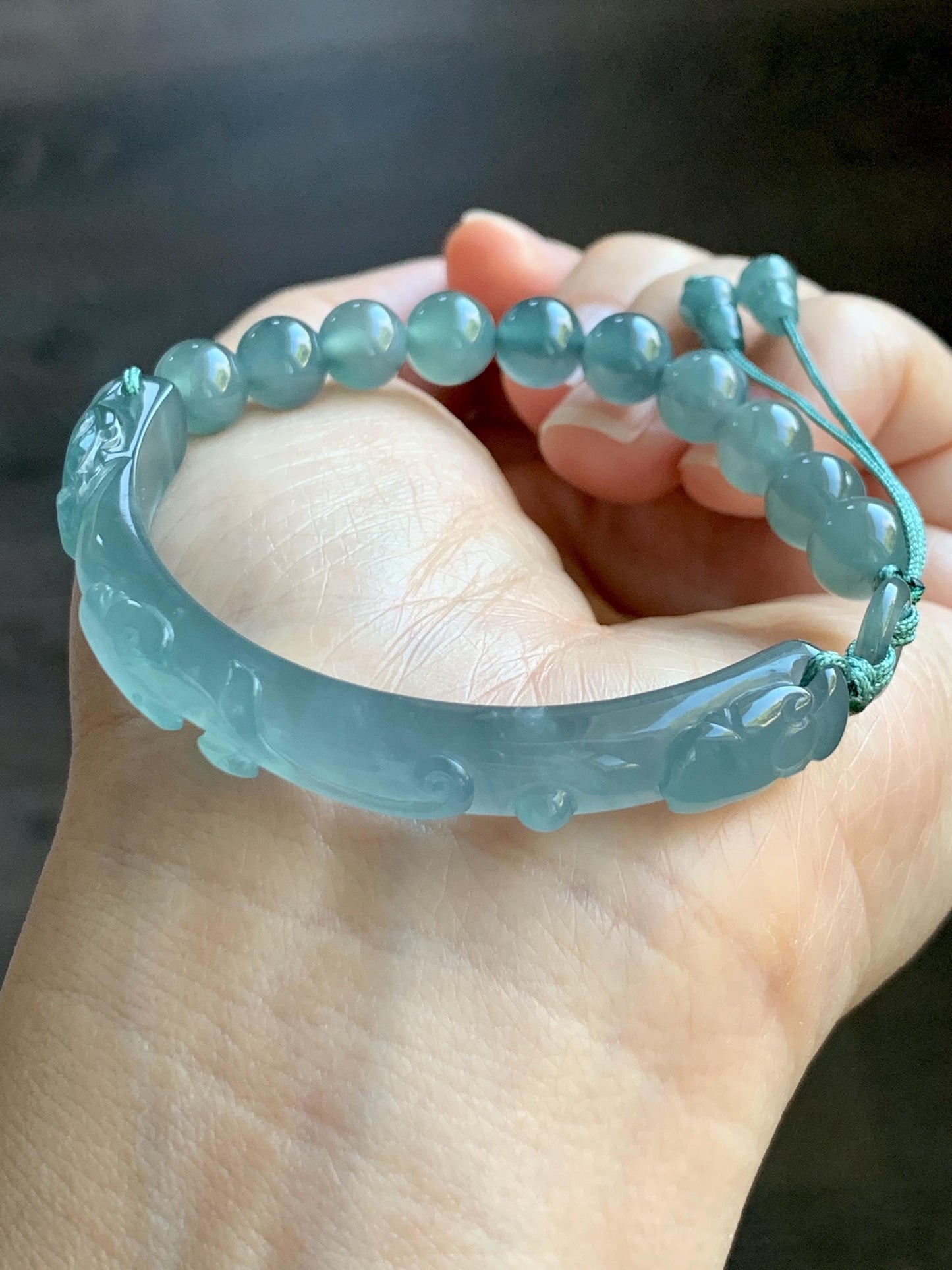 Natural Grade A Guatemalan Icy Highly Translucent Light Teal Jade Jadeite Dragon Hook Cuff Beaded Bracelet 6.75" 19g 天然高冰危浅蓝龙钩手牌手串 GLG350Q