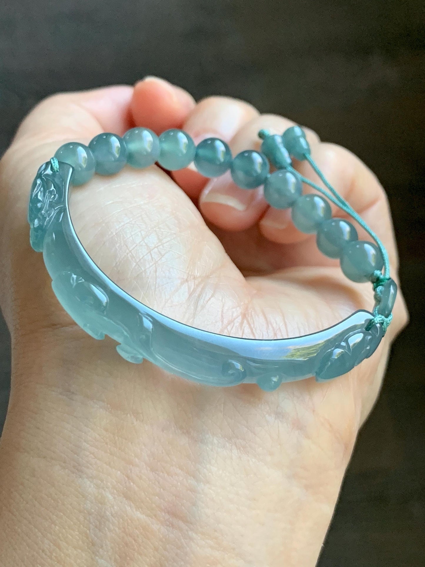 Natural Grade A Guatemalan Icy Highly Translucent Light Teal Jade Jadeite Dragon Hook Cuff Beaded Bracelet 6.75" 19g 天然高冰危浅蓝龙钩手牌手串 GLG350Q