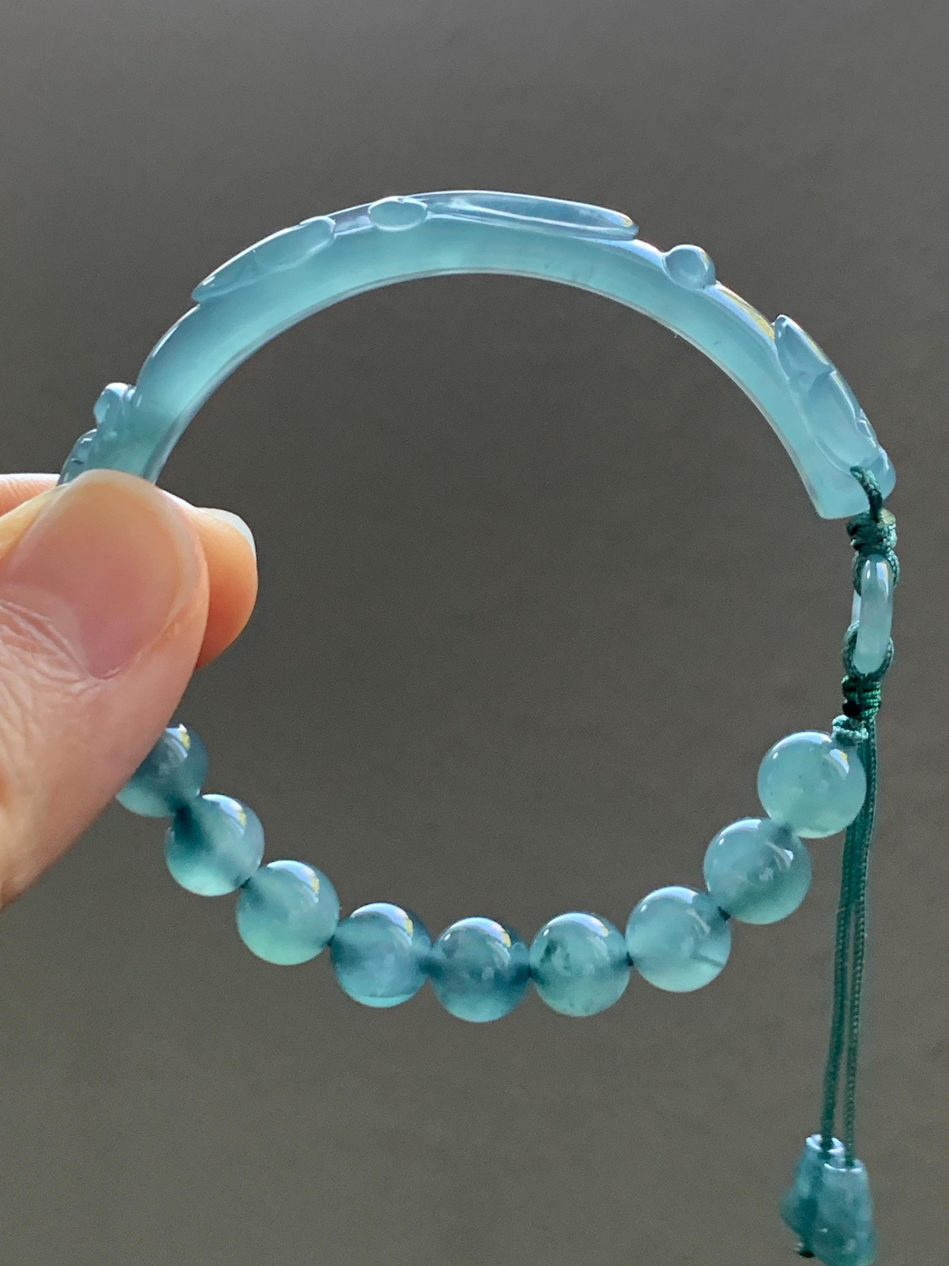 Natural Grade A Guatemalan Icy Highly Translucent Light Teal Jade Jadeite Dragon Hook Cuff Beaded Bracelet 6.75" 19g 天然高冰危浅蓝龙钩手牌手串 GLG350Q