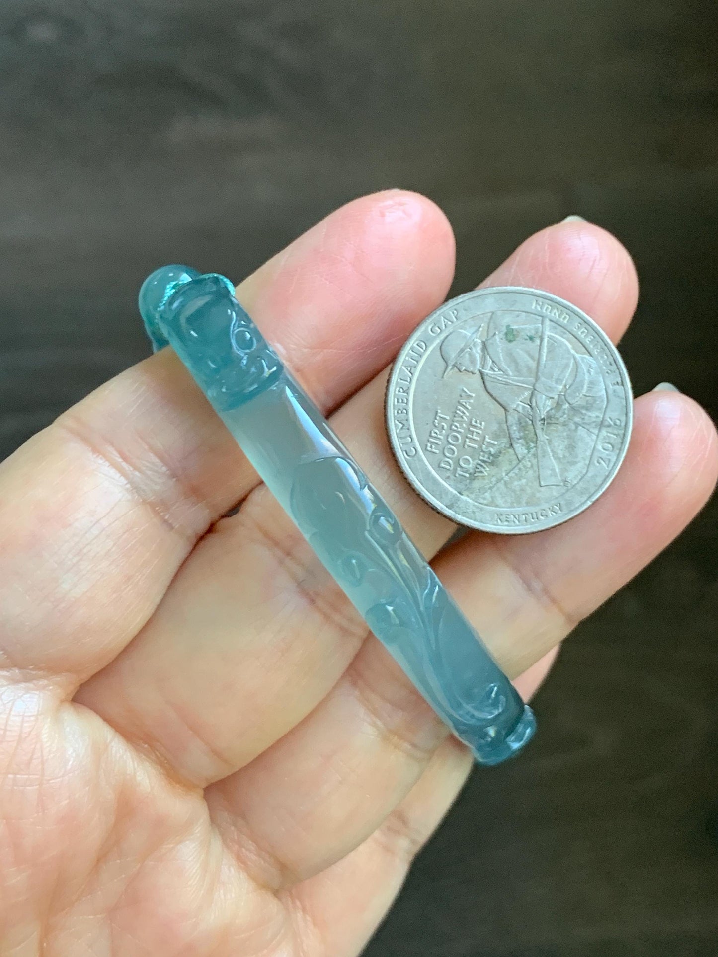 Natural Grade A Guatemalan Icy Highly Translucent Light Teal Jade Jadeite Dragon Hook Cuff Beaded Bracelet 6.75" 19g 天然高冰危浅蓝龙钩手牌手串 GLG350Q