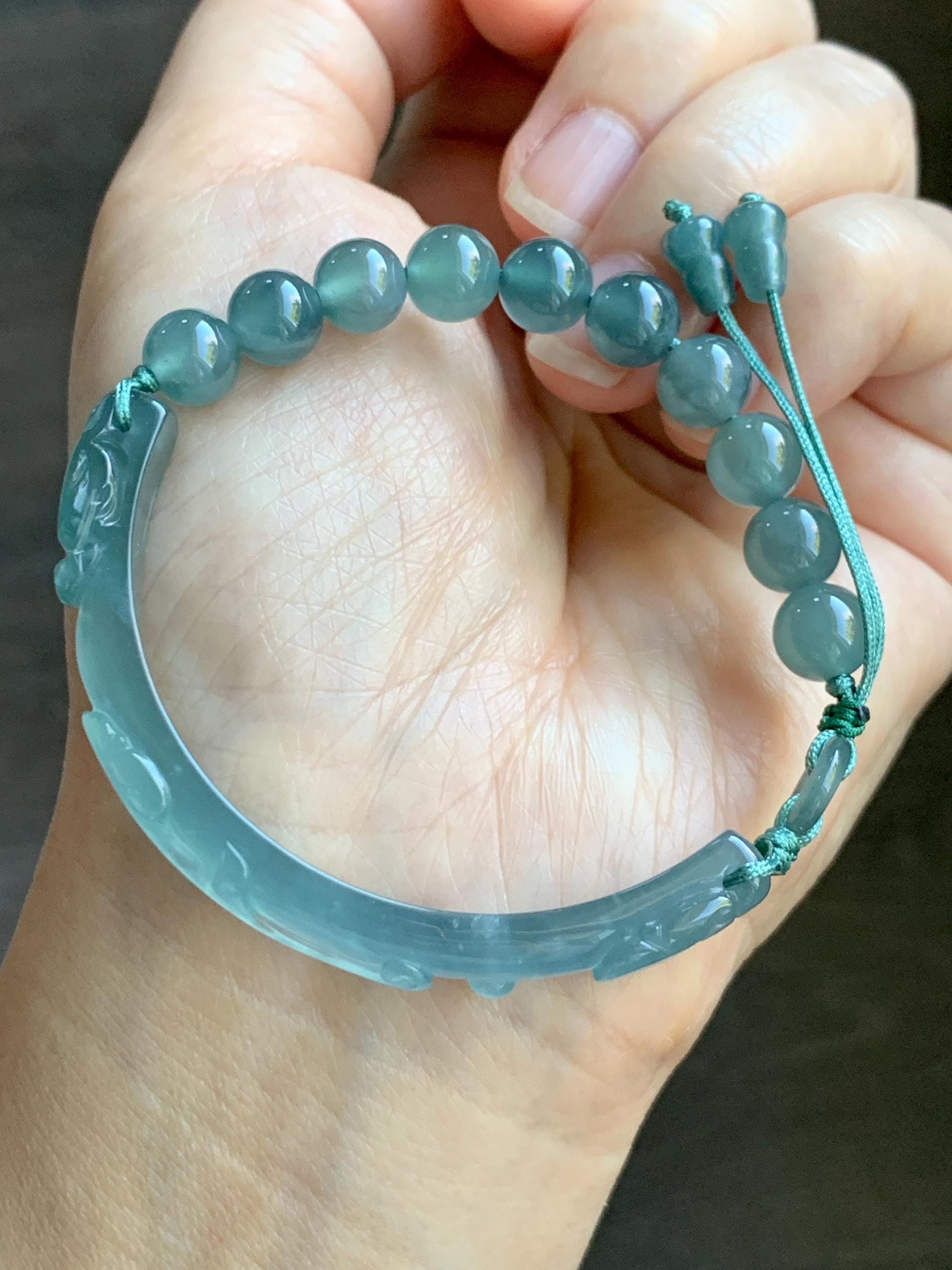 Natural Grade A Guatemalan Icy Highly Translucent Light Teal Jade Jadeite Dragon Hook Cuff Beaded Bracelet 6.75" 19g 天然高冰危浅蓝龙钩手牌手串 GLG350Q