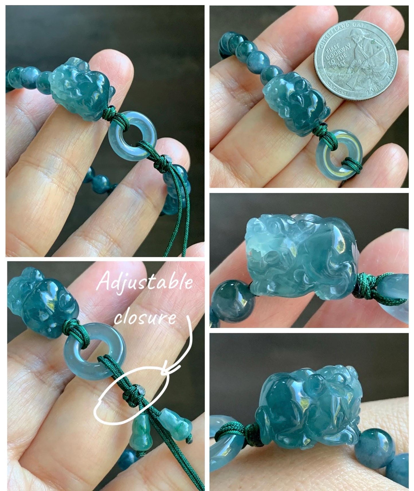 Natural Grade A Guatemalan Icy Translucent Gelatinous Dark Teal Blue Jade Jadeite Carved Pixiu Beaded Bracelet 7” 19g 天然冰胶危深蓝翡翠貔貅圆珠手串 HZP450