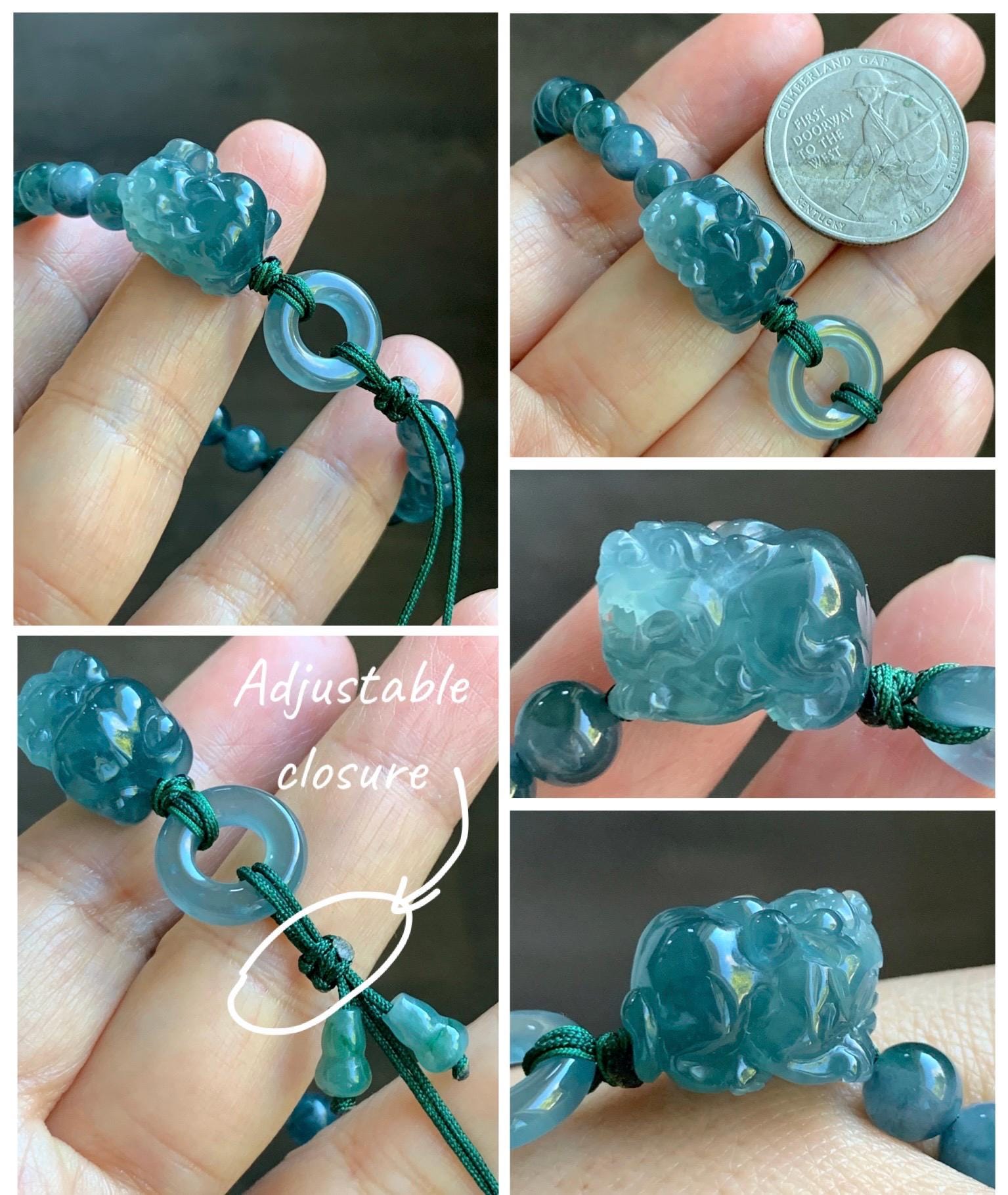 Natural Grade A Guatemalan Icy Translucent Gelatinous Dark Teal Blue Jade Jadeite Carved Pixiu Beaded Bracelet 7” 19g 天然冰胶危深蓝翡翠貔貅圆珠手串 HZP450