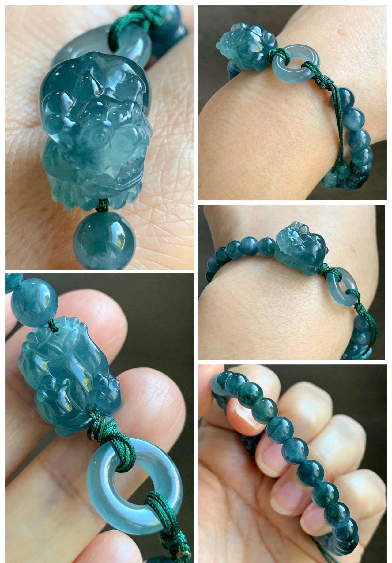 Natural Grade A Guatemalan Icy Translucent Gelatinous Dark Teal Blue Jade Jadeite Carved Pixiu Beaded Bracelet 7” 19g 天然冰胶危深蓝翡翠貔貅圆珠手串 HZP450