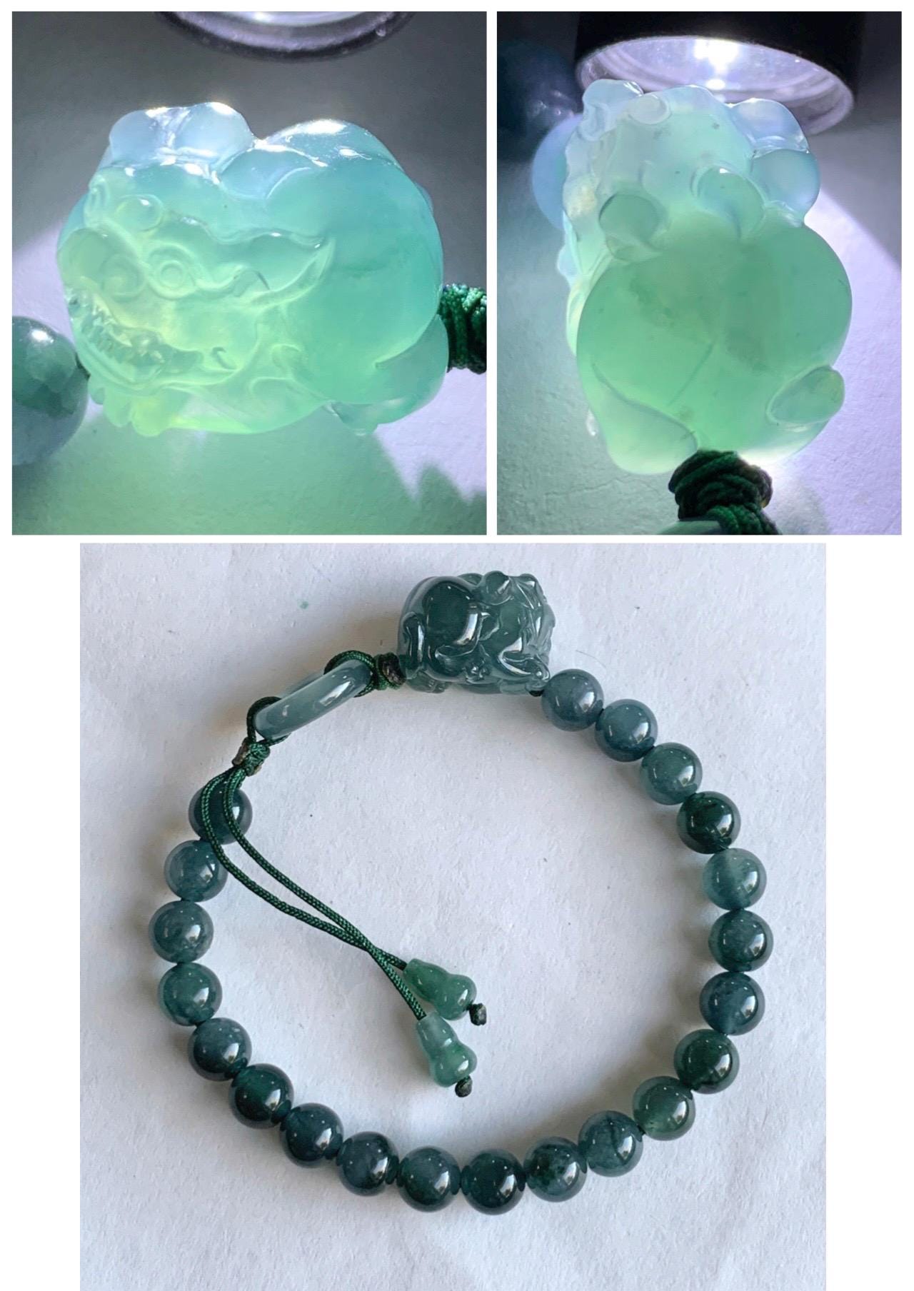 Natural Grade A Guatemalan Icy Translucent Gelatinous Dark Teal Blue Jade Jadeite Carved Pixiu Beaded Bracelet 7” 19g 天然冰胶危深蓝翡翠貔貅圆珠手串 HZP450