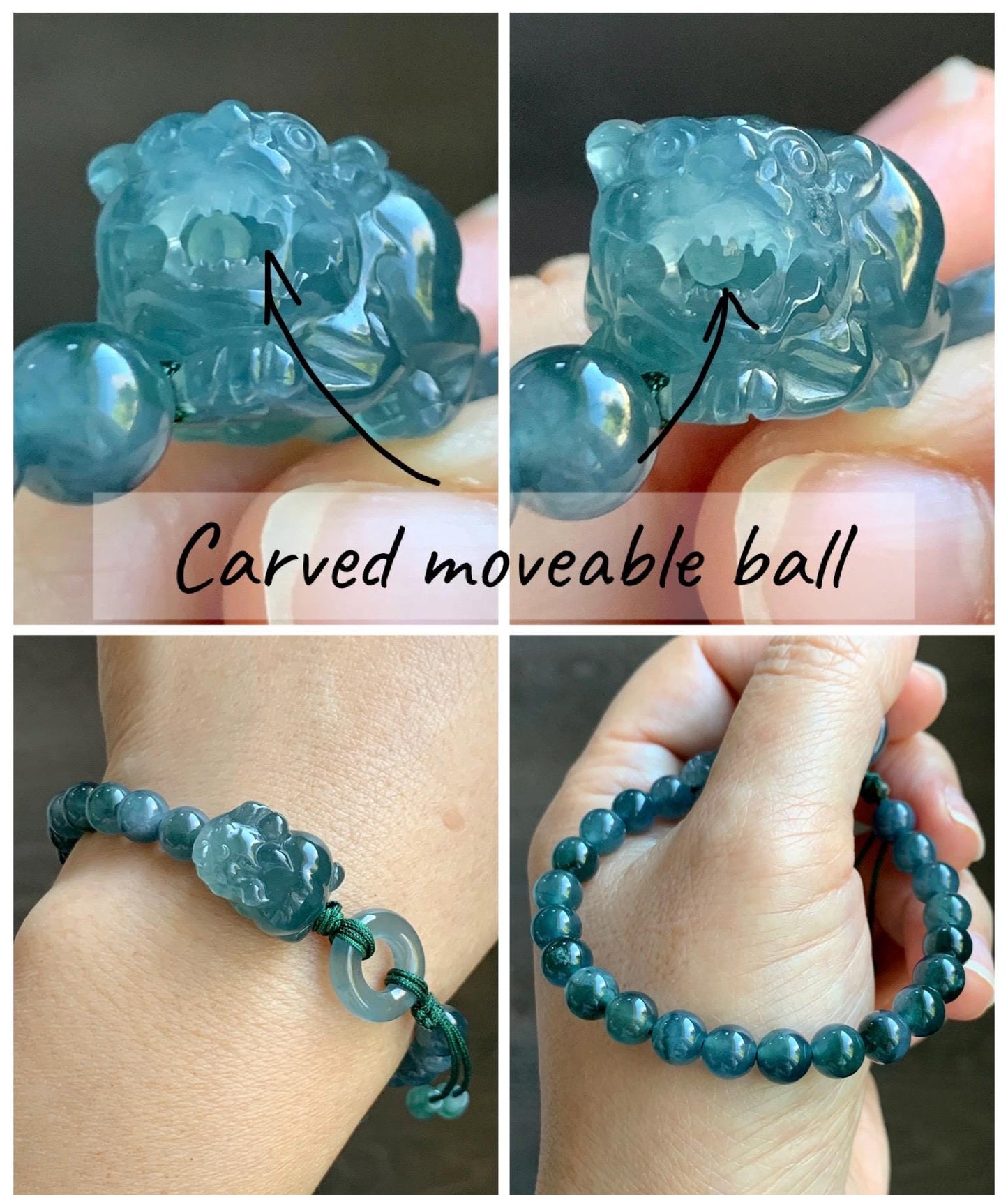 Natural Grade A Guatemalan Icy Translucent Gelatinous Dark Teal Blue Jade Jadeite Carved Pixiu Beaded Bracelet 7” 19g 天然冰胶危深蓝翡翠貔貅圆珠手串 HZP450