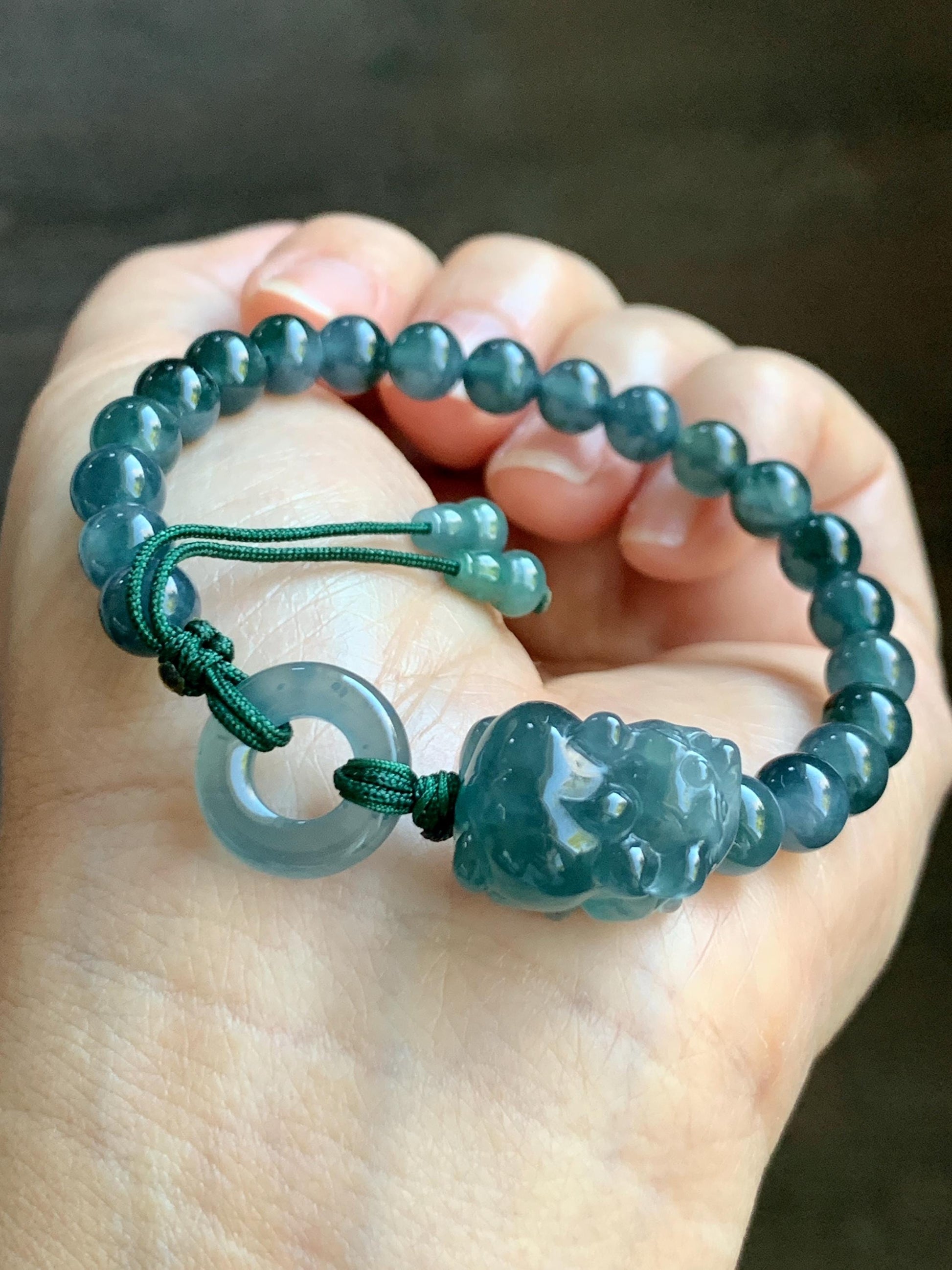 Natural Grade A Guatemalan Icy Translucent Gelatinous Dark Teal Blue Jade Jadeite Carved Pixiu Beaded Bracelet 7” 19g 天然冰胶危深蓝翡翠貔貅圆珠手串 HZP450