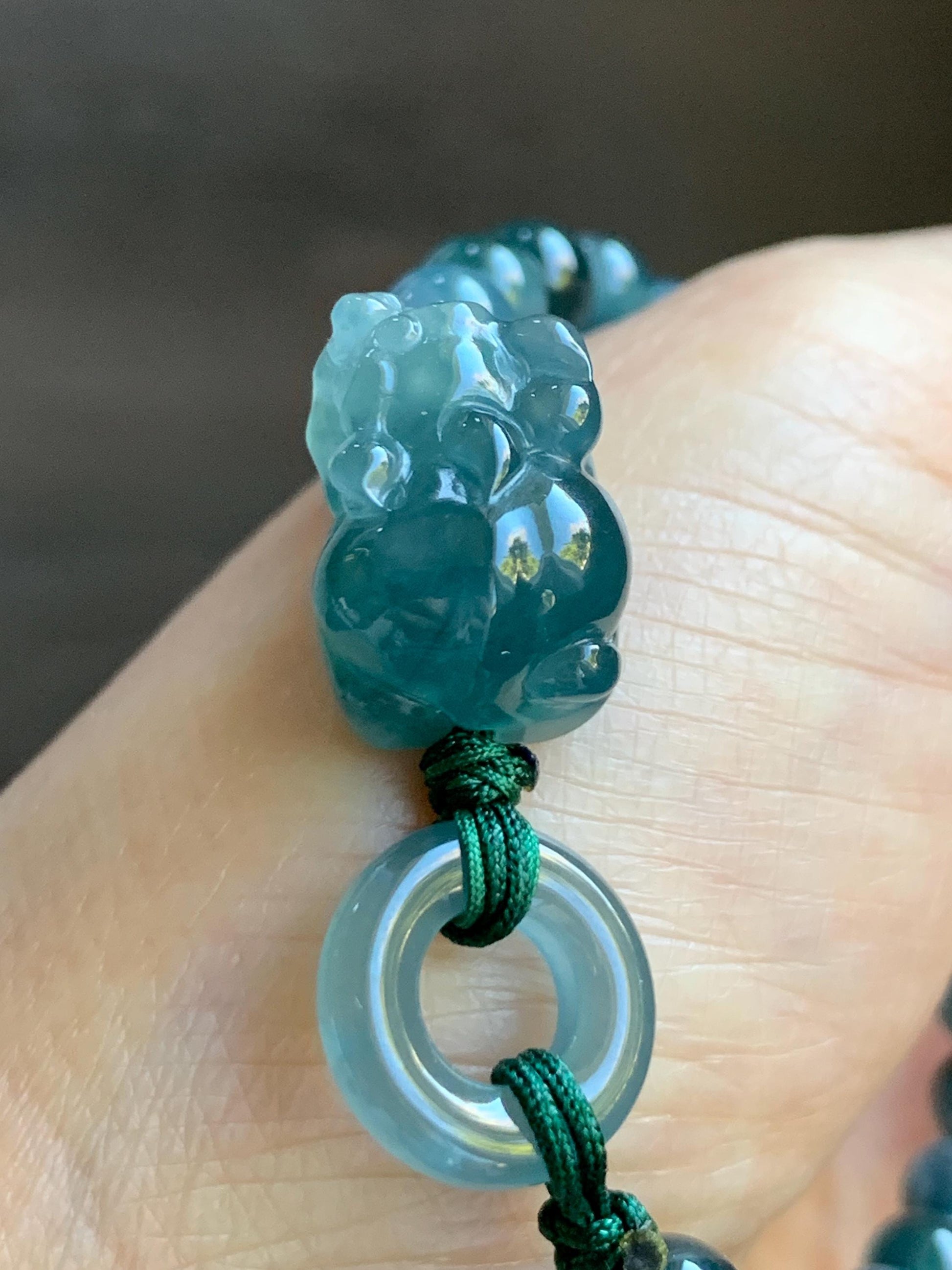 Natural Grade A Guatemalan Icy Translucent Gelatinous Dark Teal Blue Jade Jadeite Carved Pixiu Beaded Bracelet 7” 19g 天然冰胶危深蓝翡翠貔貅圆珠手串 HZP450