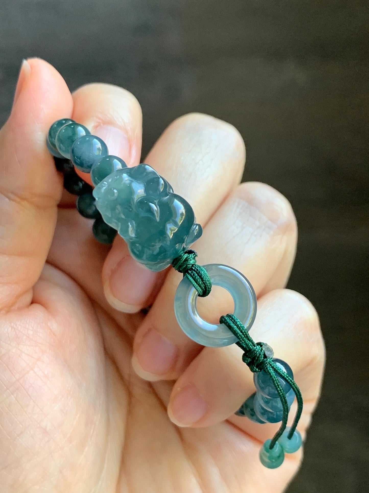 Natural Grade A Guatemalan Icy Translucent Gelatinous Dark Teal Blue Jade Jadeite Carved Pixiu Beaded Bracelet 7” 19g 天然冰胶危深蓝翡翠貔貅圆珠手串 HZP450