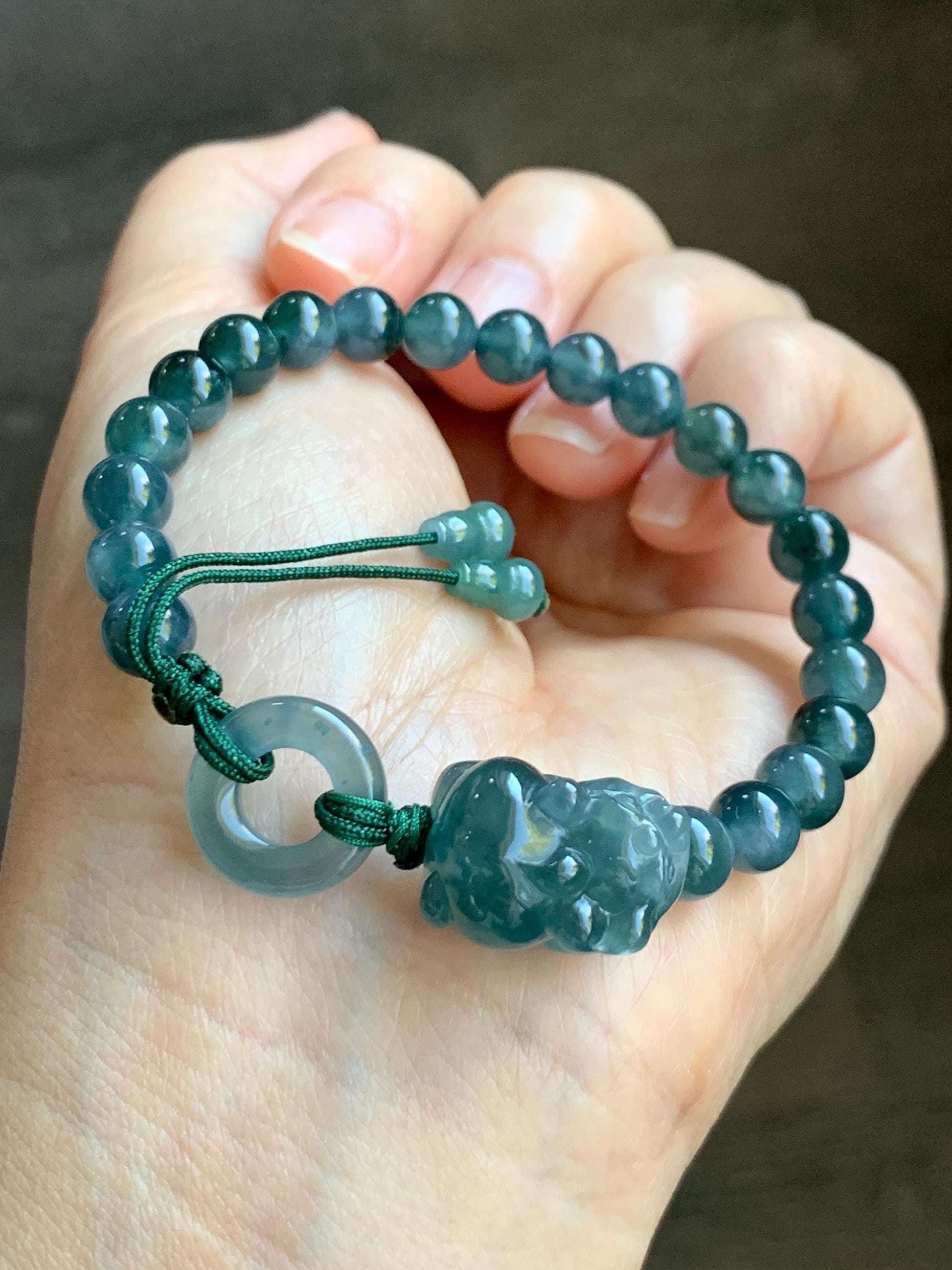 Natural Grade A Guatemalan Icy Translucent Gelatinous Dark Teal Blue Jade Jadeite Carved Pixiu Beaded Bracelet 7” 19g 天然冰胶危深蓝翡翠貔貅圆珠手串 HZP450