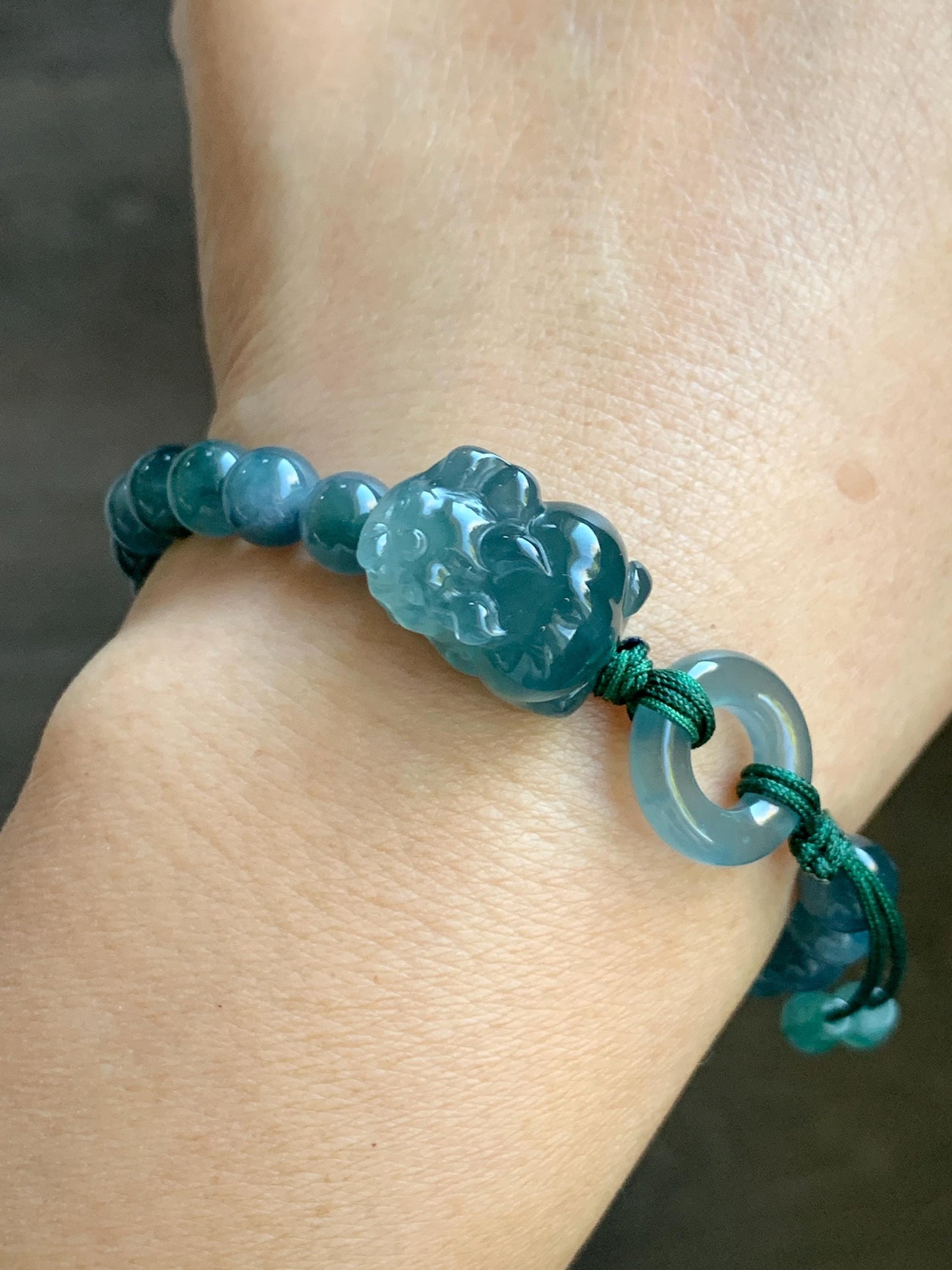 Natural Grade A Guatemalan Icy Translucent Gelatinous Dark Teal Blue Jade Jadeite Carved Pixiu Beaded Bracelet 7” 19g 天然冰胶危深蓝翡翠貔貅圆珠手串 HZP450