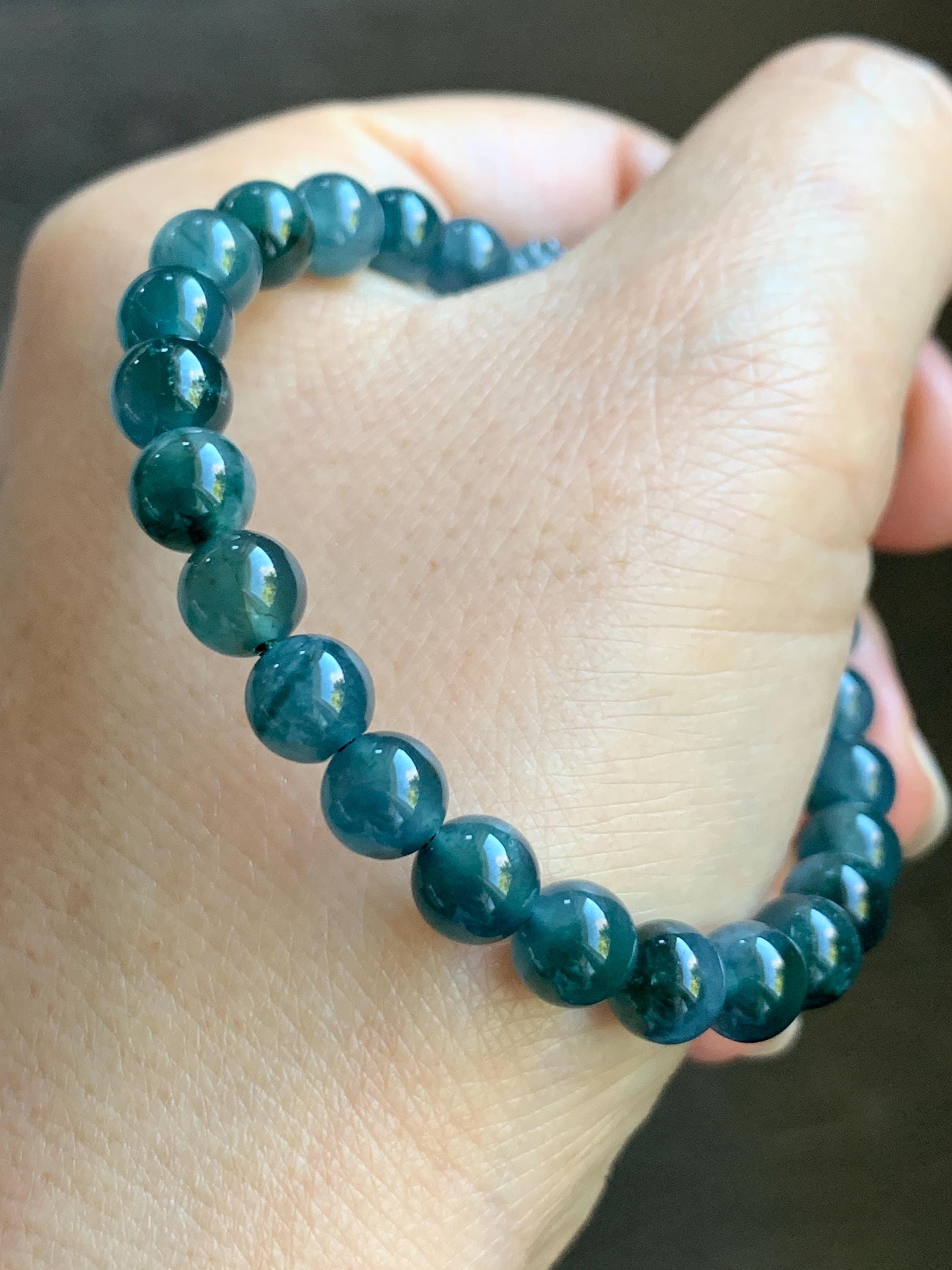 Natural Grade A Guatemalan Icy Translucent Gelatinous Dark Teal Blue Jade Jadeite Carved Pixiu Beaded Bracelet 7” 19g 天然冰胶危深蓝翡翠貔貅圆珠手串 HZP450