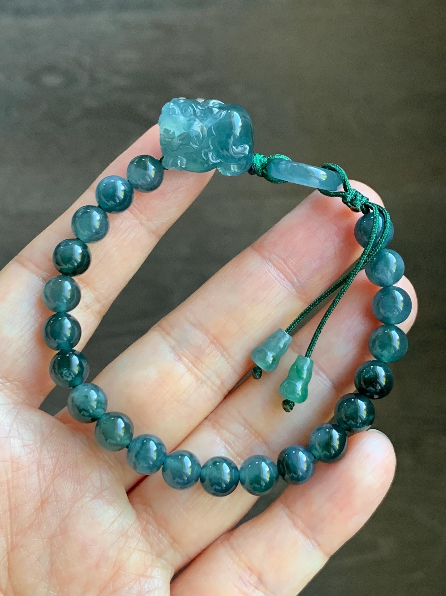 Natural Grade A Guatemalan Icy Translucent Gelatinous Dark Teal Blue Jade Jadeite Carved Pixiu Beaded Bracelet 7” 19g 天然冰胶危深蓝翡翠貔貅圆珠手串 HZP450