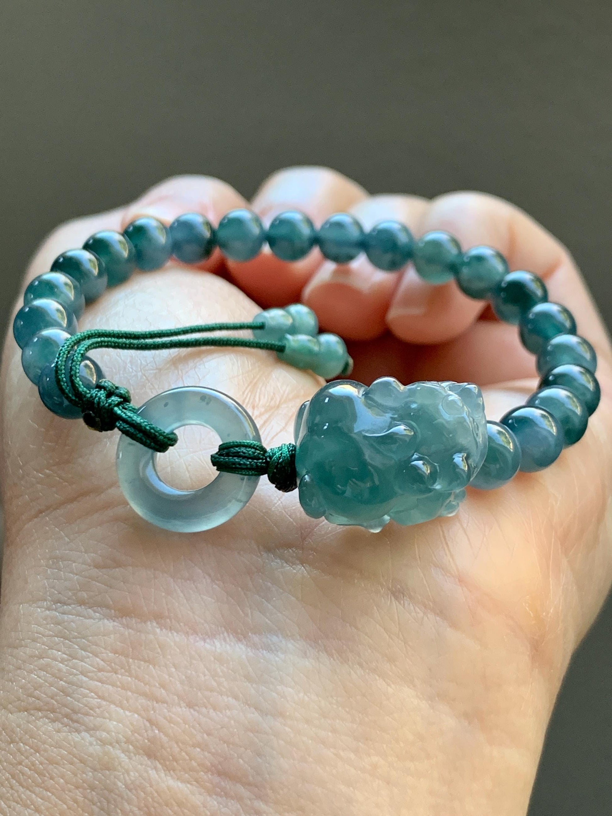 Natural Grade A Guatemalan Icy Translucent Gelatinous Dark Teal Blue Jade Jadeite Carved Pixiu Beaded Bracelet 7” 19g 天然冰胶危深蓝翡翠貔貅圆珠手串 HZP450