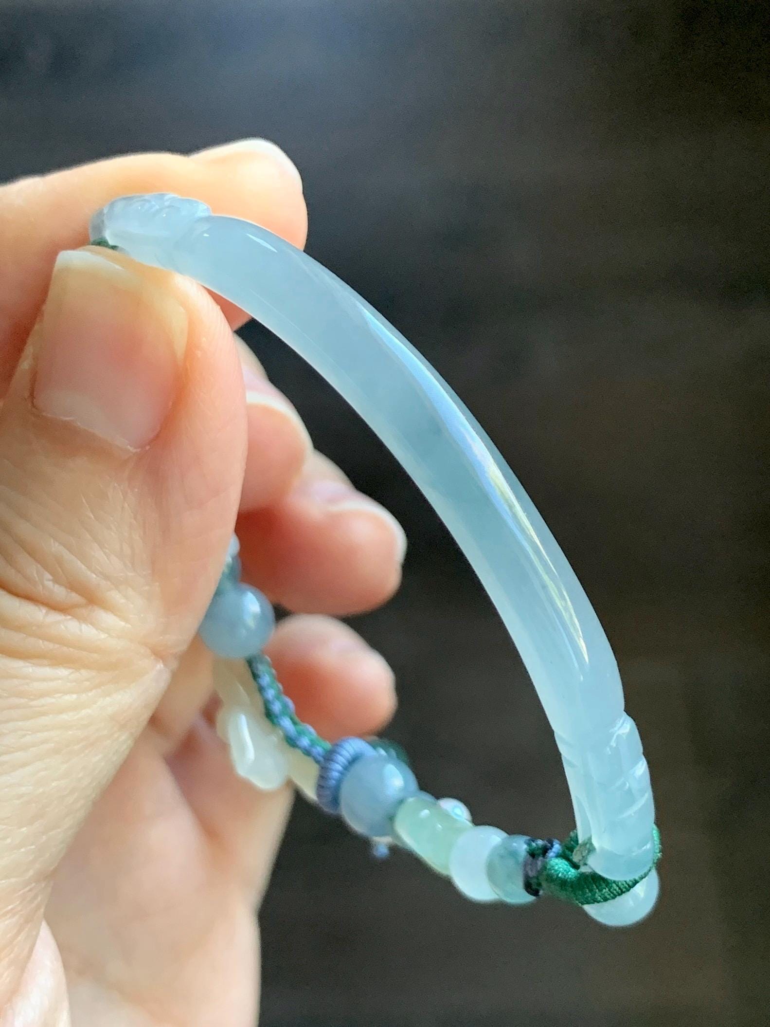 Natural Grade A Icy Translucent Multicolored Pastel Jade Jadeite Carved Cuff & Charms Beaded Rope Bracelet 6” 12g 天然冰胶马卡龙色翡翠繁花似锦半镯手串 FHZ256