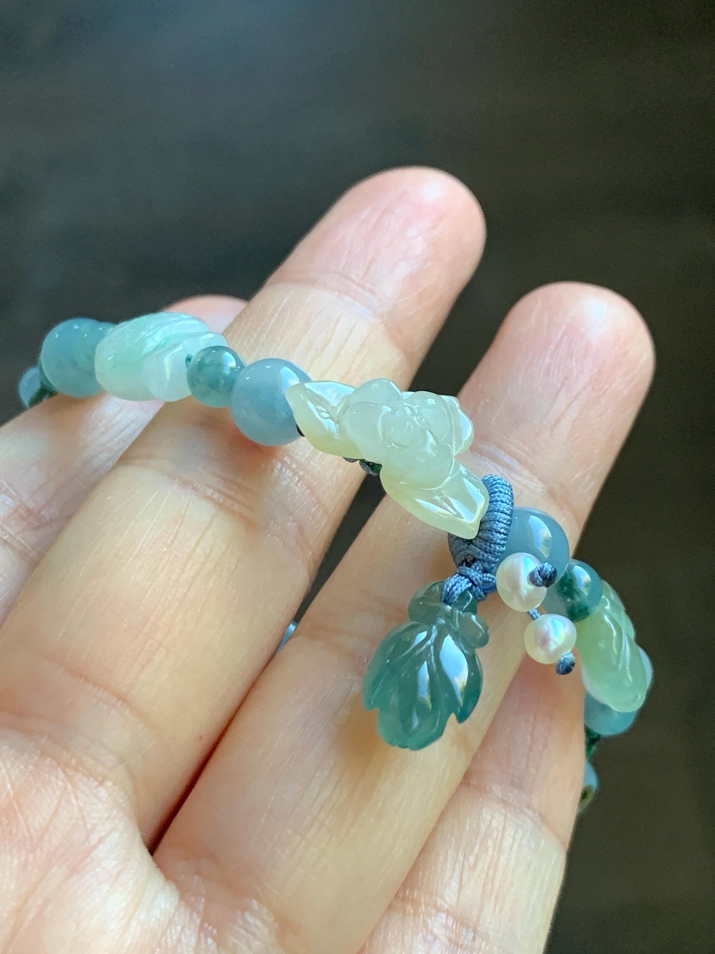 Natural Grade A Icy Translucent Multicolored Pastel Jade Jadeite Carved Cuff & Charms Beaded Rope Bracelet 6” 12g 天然冰胶马卡龙色翡翠繁花似锦半镯手串 FHZ256