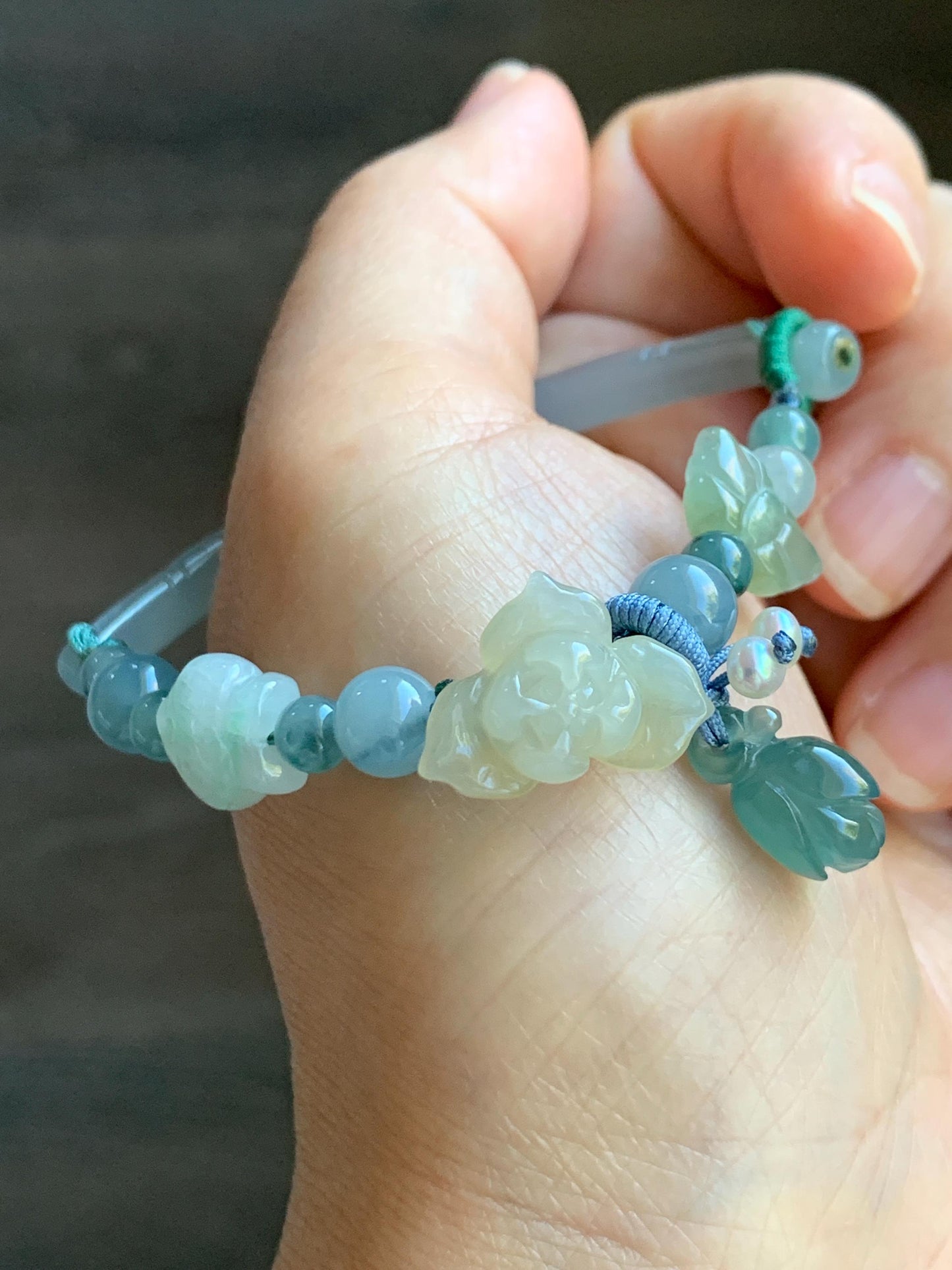 Natural Grade A Icy Translucent Multicolored Pastel Jade Jadeite Carved Cuff & Charms Beaded Rope Bracelet 6” 12g 天然冰胶马卡龙色翡翠繁花似锦半镯手串 FHZ256