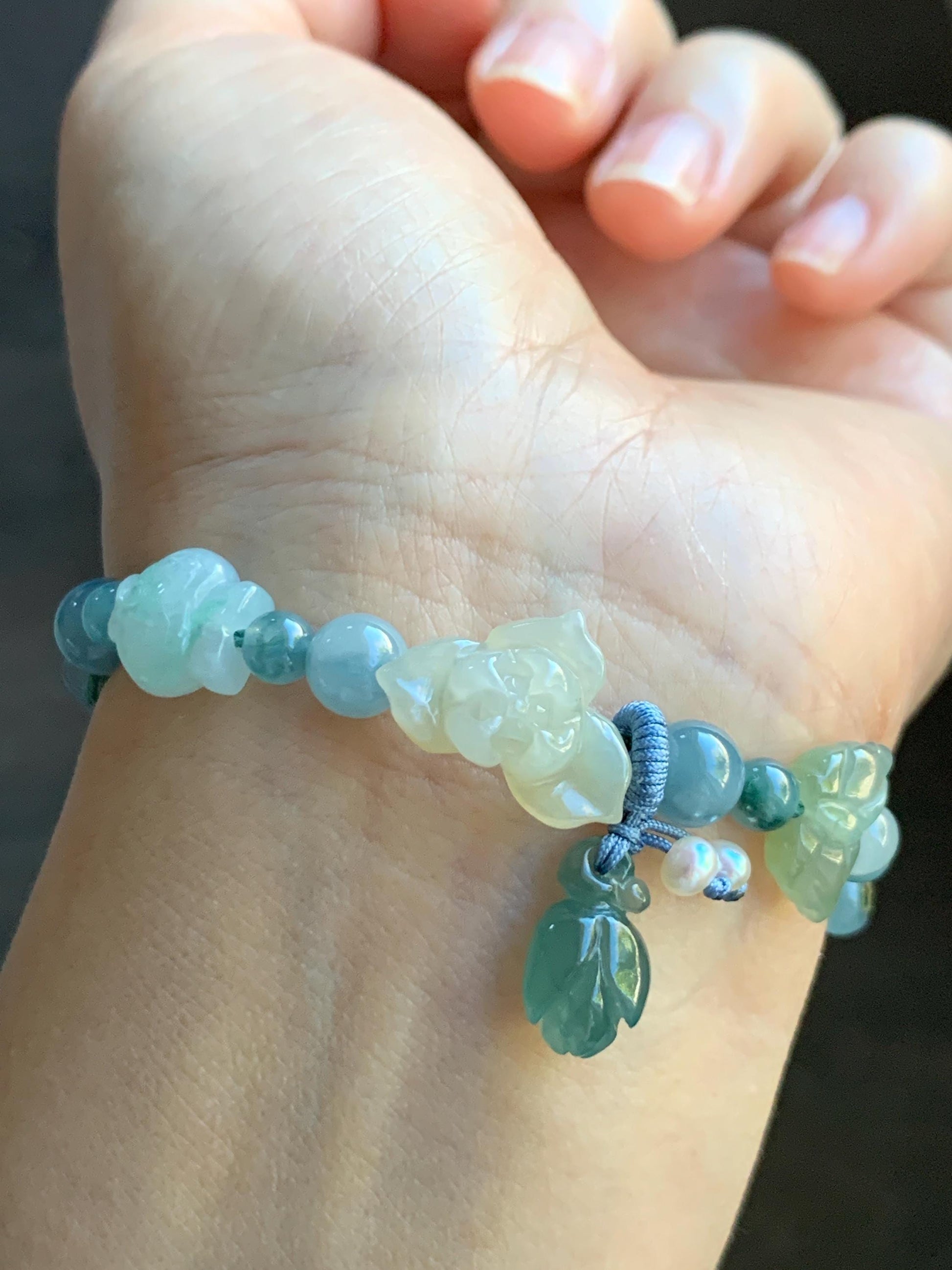 Natural Grade A Icy Translucent Multicolored Pastel Jade Jadeite Carved Cuff & Charms Beaded Rope Bracelet 6” 12g 天然冰胶马卡龙色翡翠繁花似锦半镯手串 FHZ256