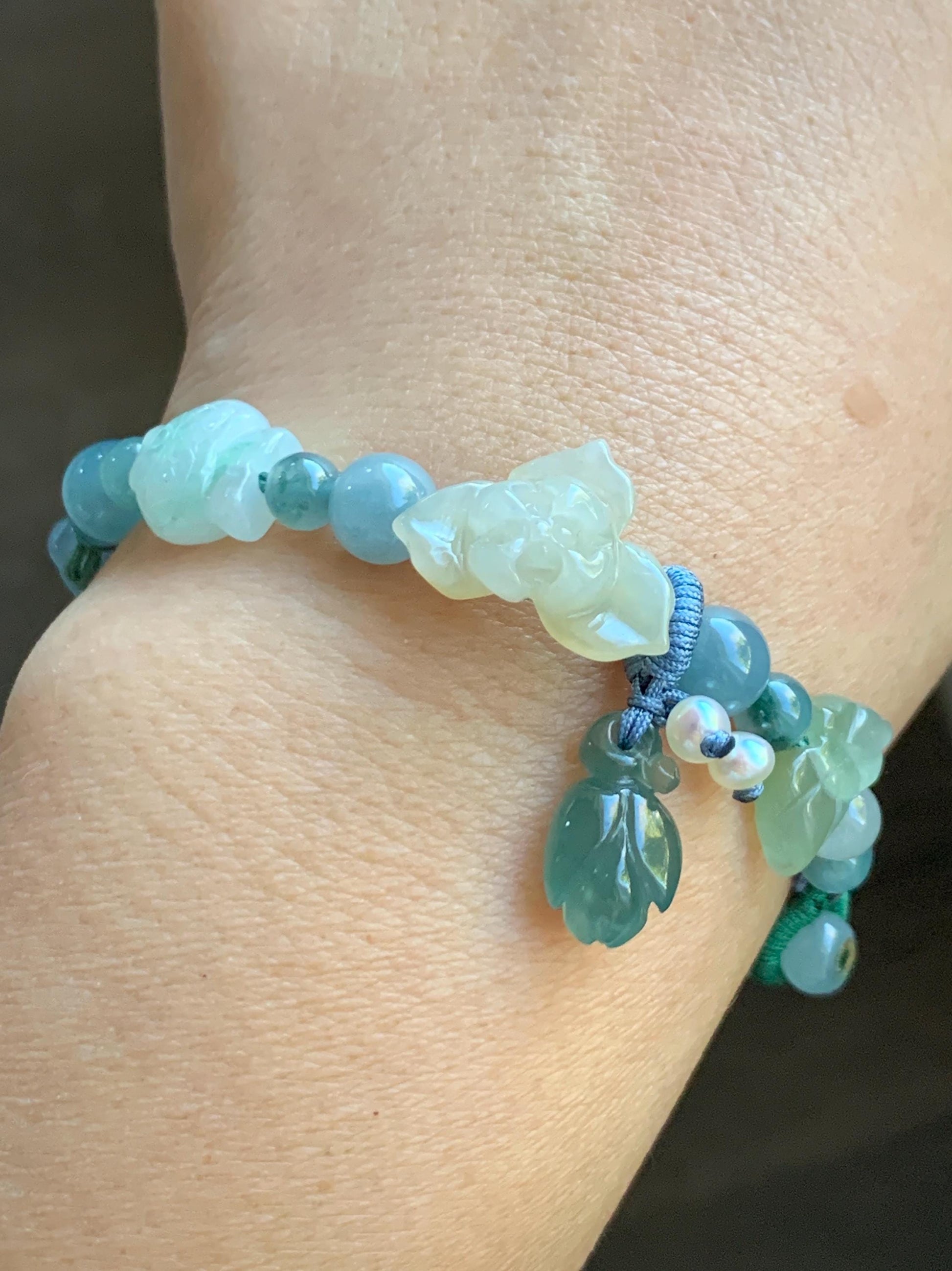 Natural Grade A Icy Translucent Multicolored Pastel Jade Jadeite Carved Cuff & Charms Beaded Rope Bracelet 6” 12g 天然冰胶马卡龙色翡翠繁花似锦半镯手串 FHZ256